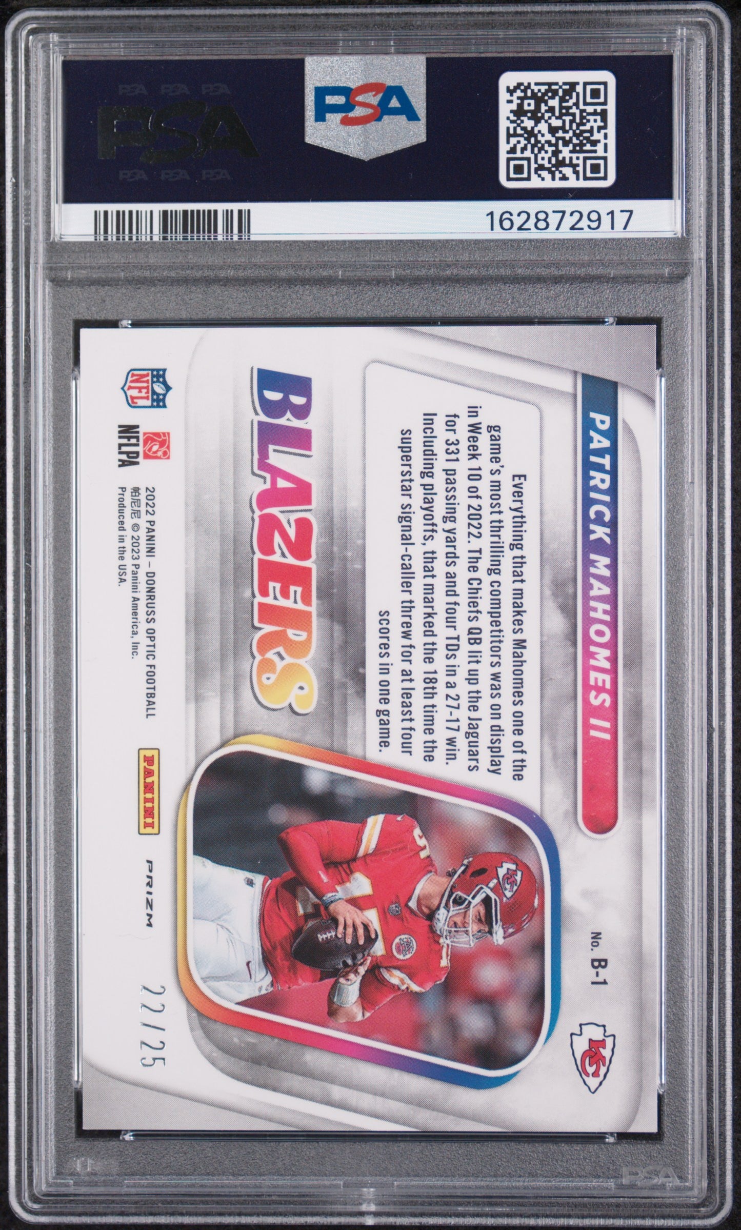 Patrick Mahomes II 2022 Panini Donruss Optic Blazers #B1 Black Pandora /25 PSA10