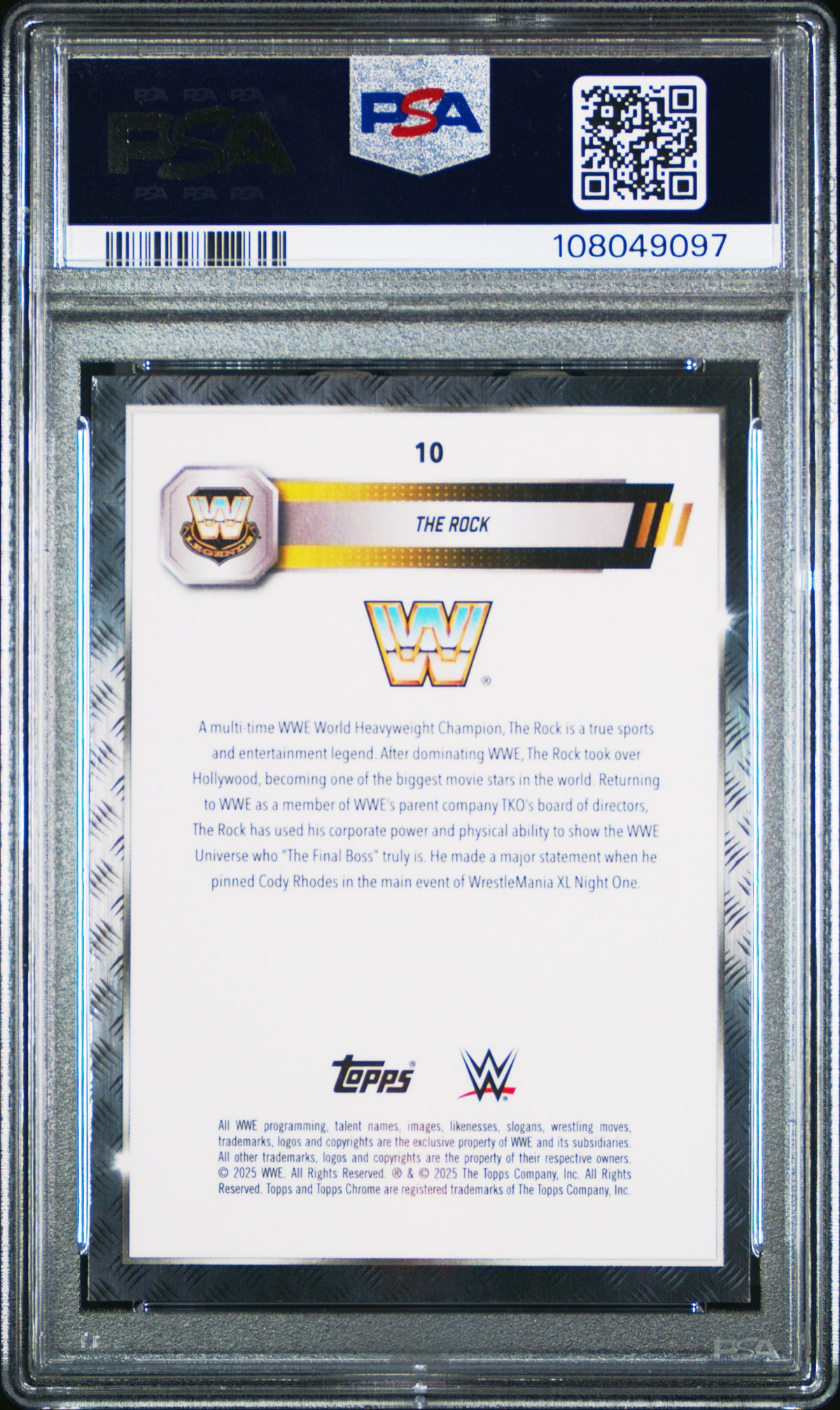 The Rock 2025 Topps Chrome WWE #10 Blue Refractor PSA 10