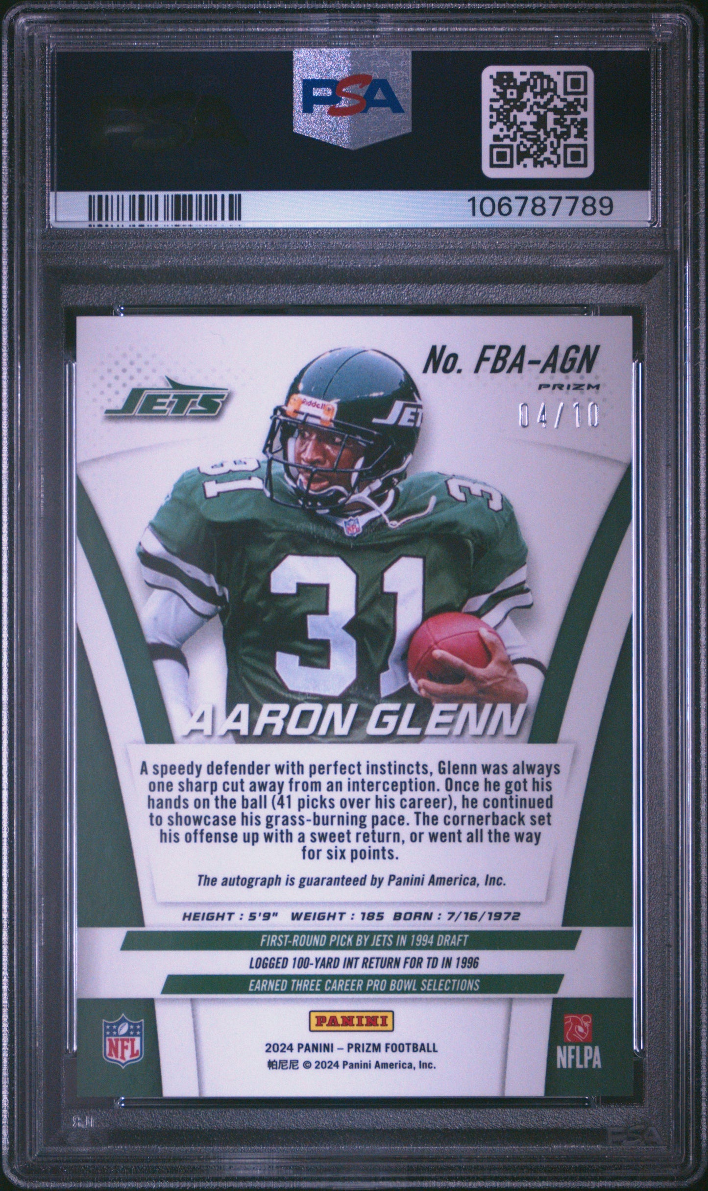 Aaron Glenn 2024 Panini Prizm Flashback Autographs #FBAAGN Gold 4/10 PSA 9