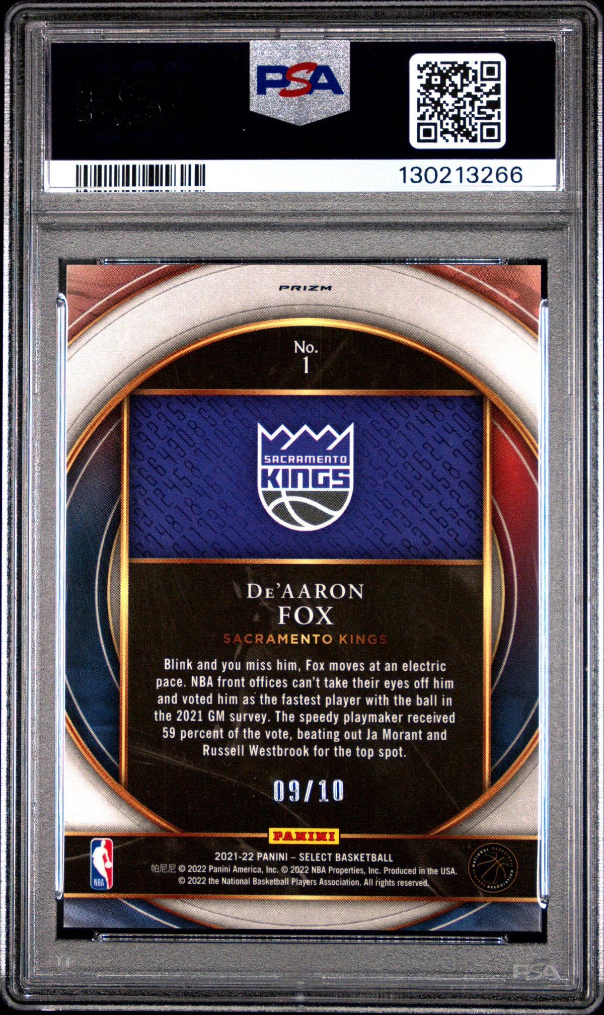 De'aaron Fox 2021 Panini Select Select Numbers #1 Gold Prizm /10 PSA 10
