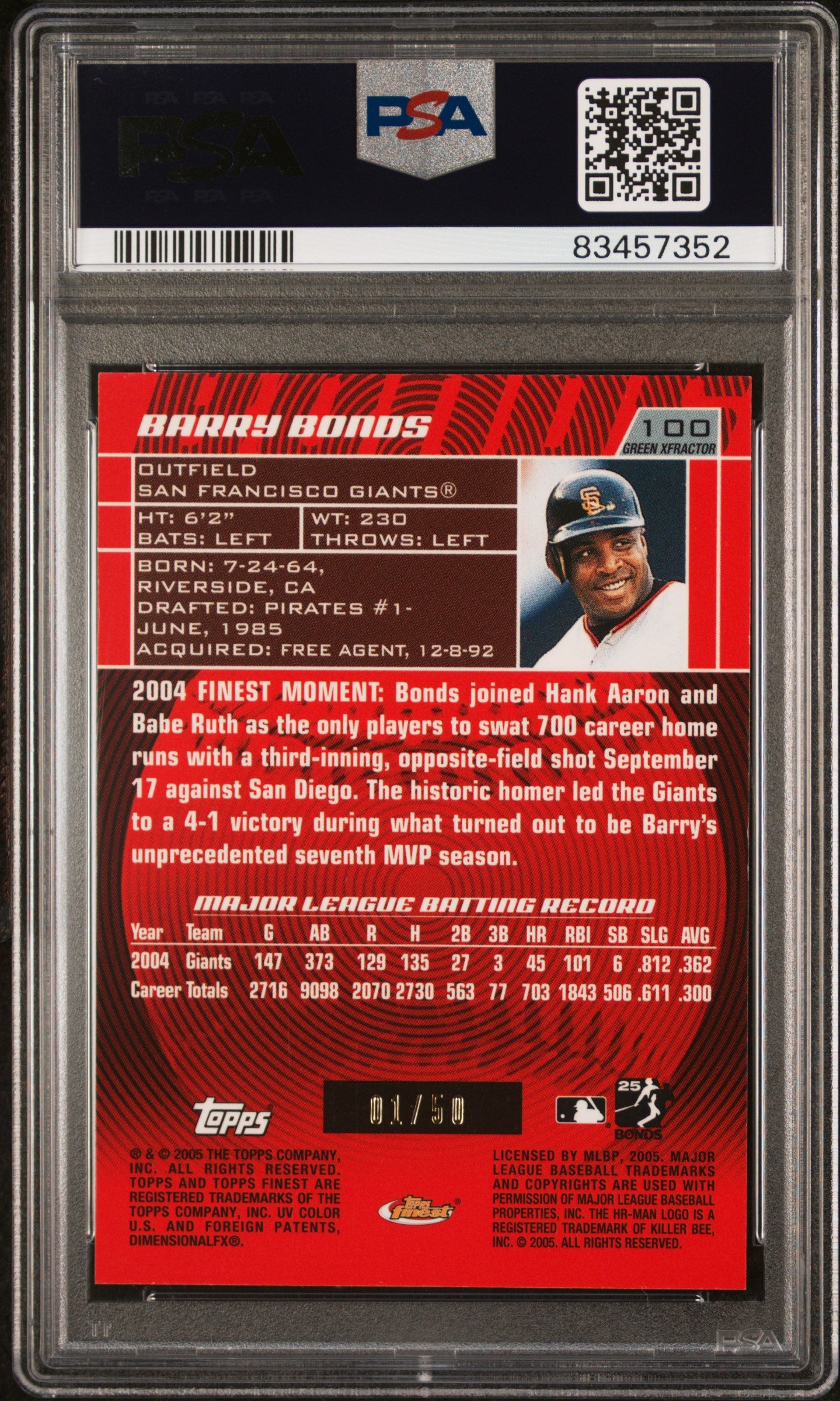 Barry Bonds 2005 Topps Finest #100 Green X Fractor Low Pop 1/50 PSA 10