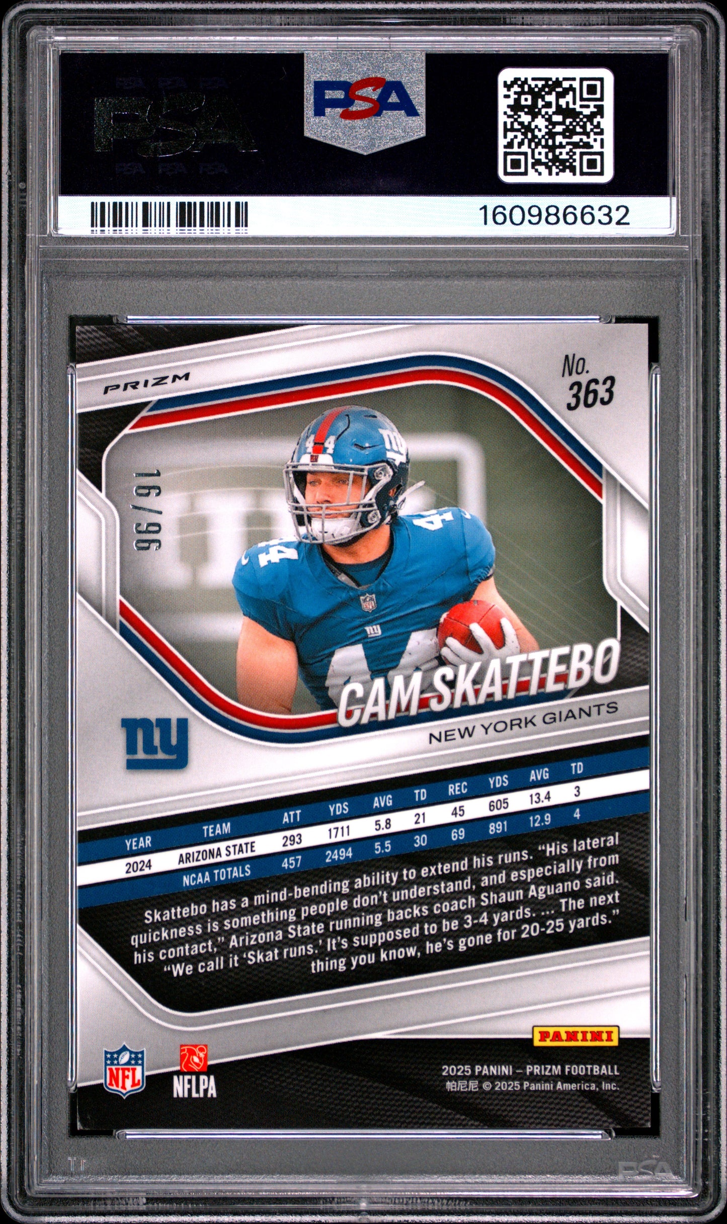 Cam Skattebo 2025 Panini Prizm #363 Blue Sparkle Rookie /96 PSA 9