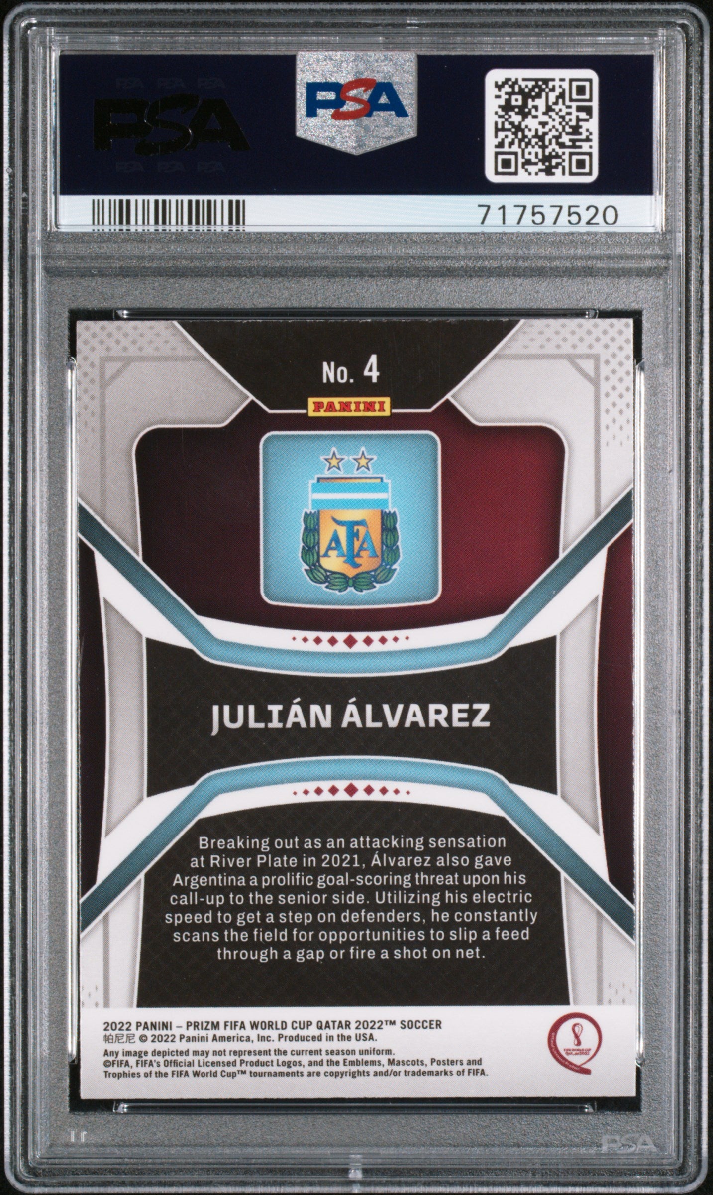 Julian Alvarez 2022 Panini Prizm World Cup Qatar #4 Rookie PSA 9