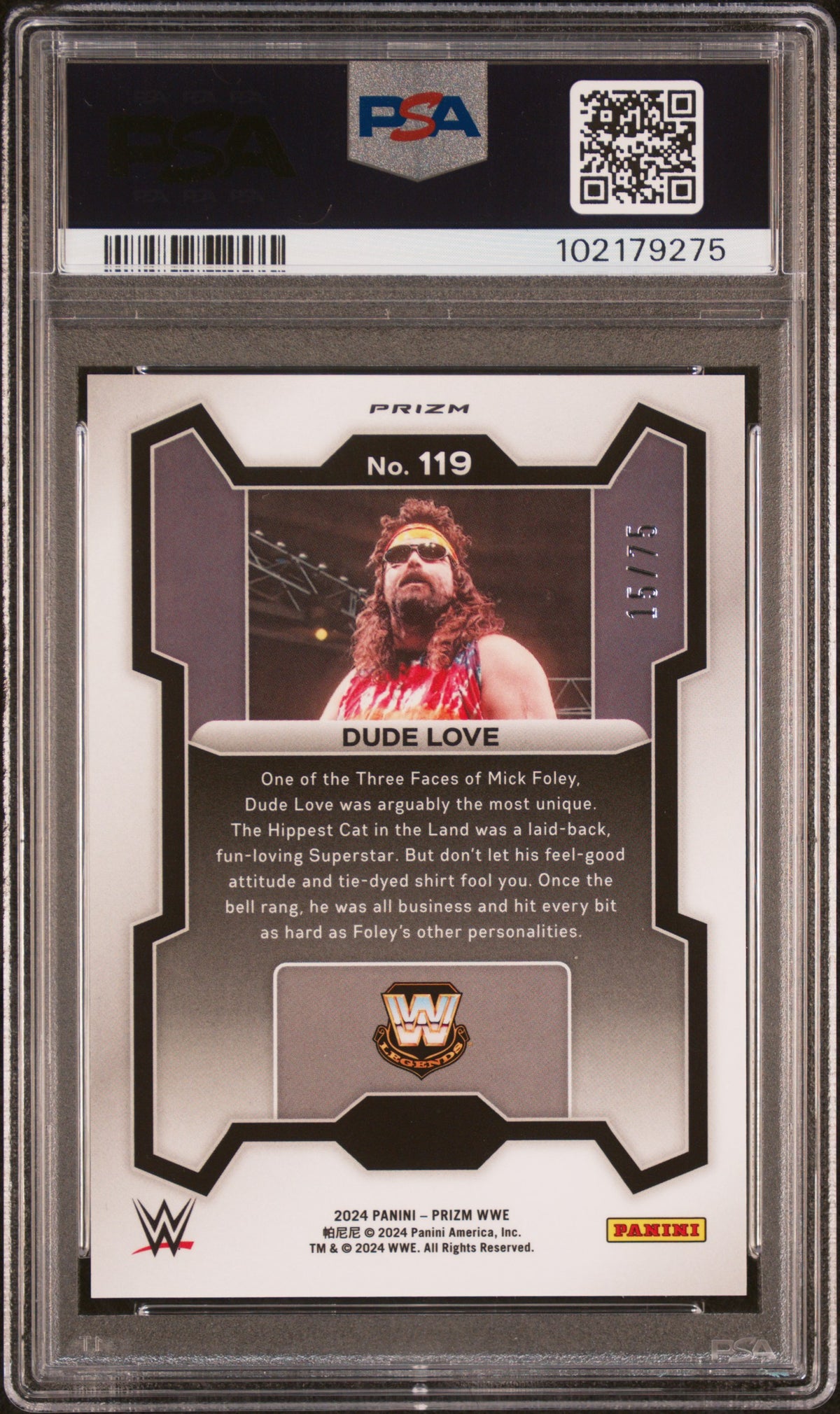 Dude Love 2024 Panini Prizm WWE #119 Blue Pulsar 15/75 PSA 10