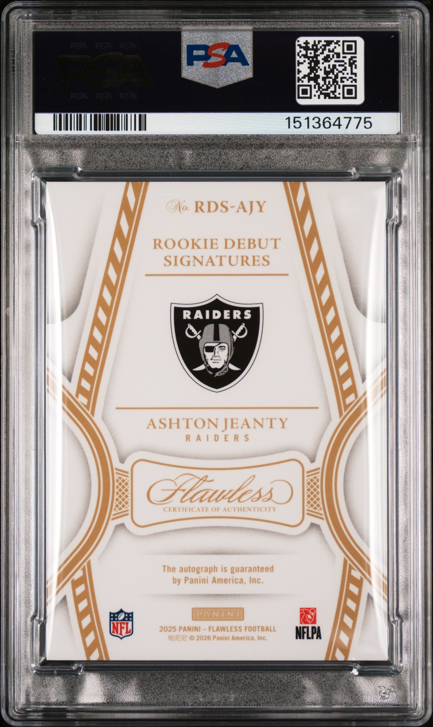 Ashton Jeanty 2025 Panini Flawless Rookie Debut Signatures Emerald 4/5 PSA 9