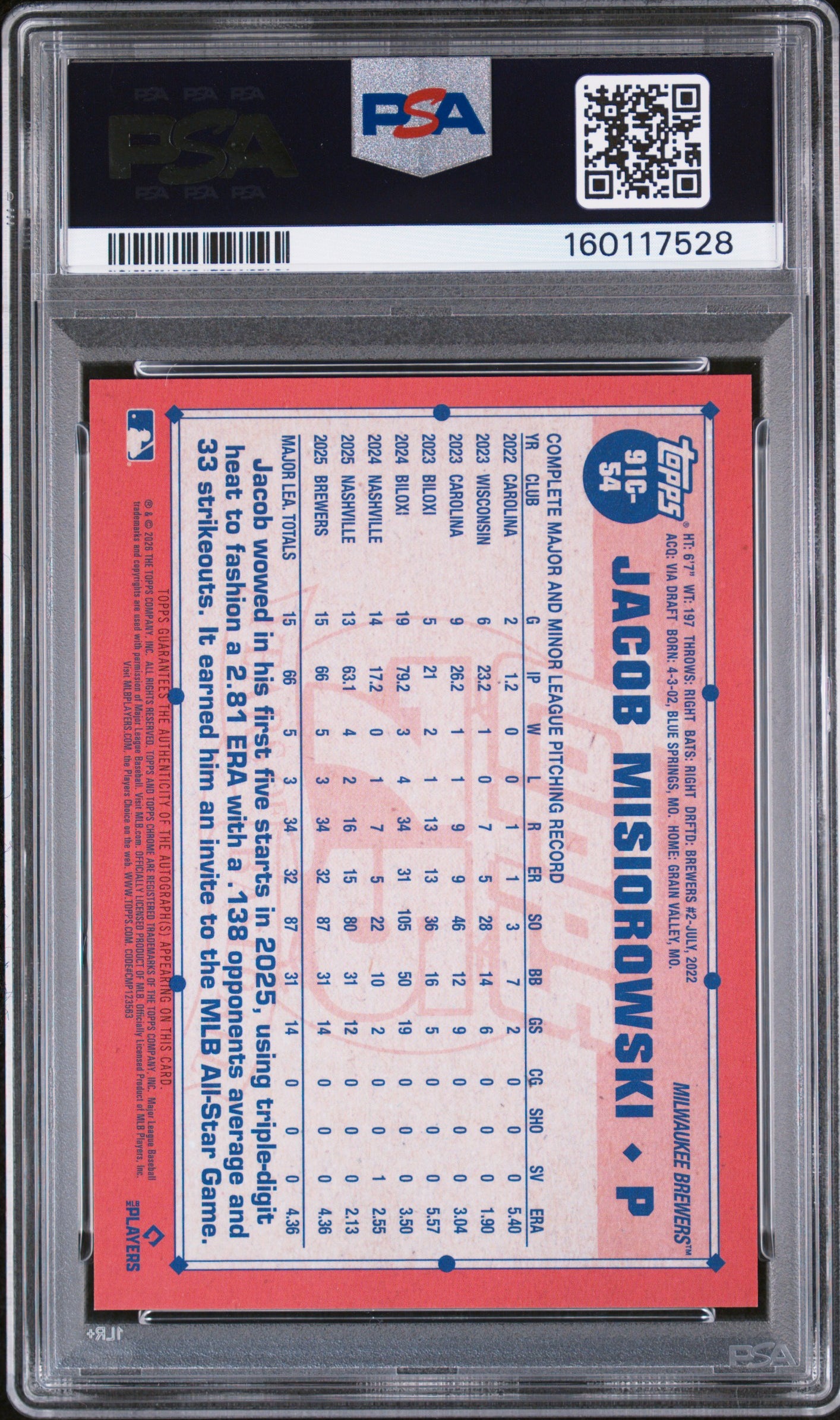 Jacob Misiorowski 2026 Topps Silver Pack 1991 Chrome Promo Auto Gold /50 PSA 10
