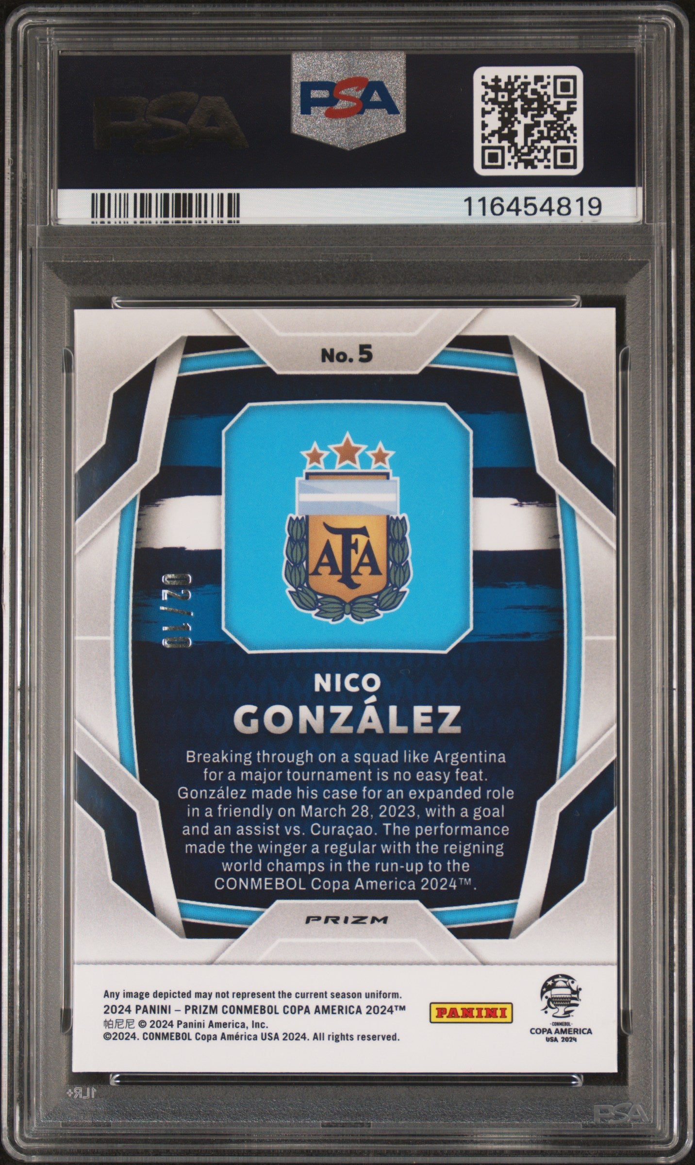 Nico Gonzalez 2024 Panini Prizm Conmebol Copa America #5 Gold Pulsar 2/10 PSA 10