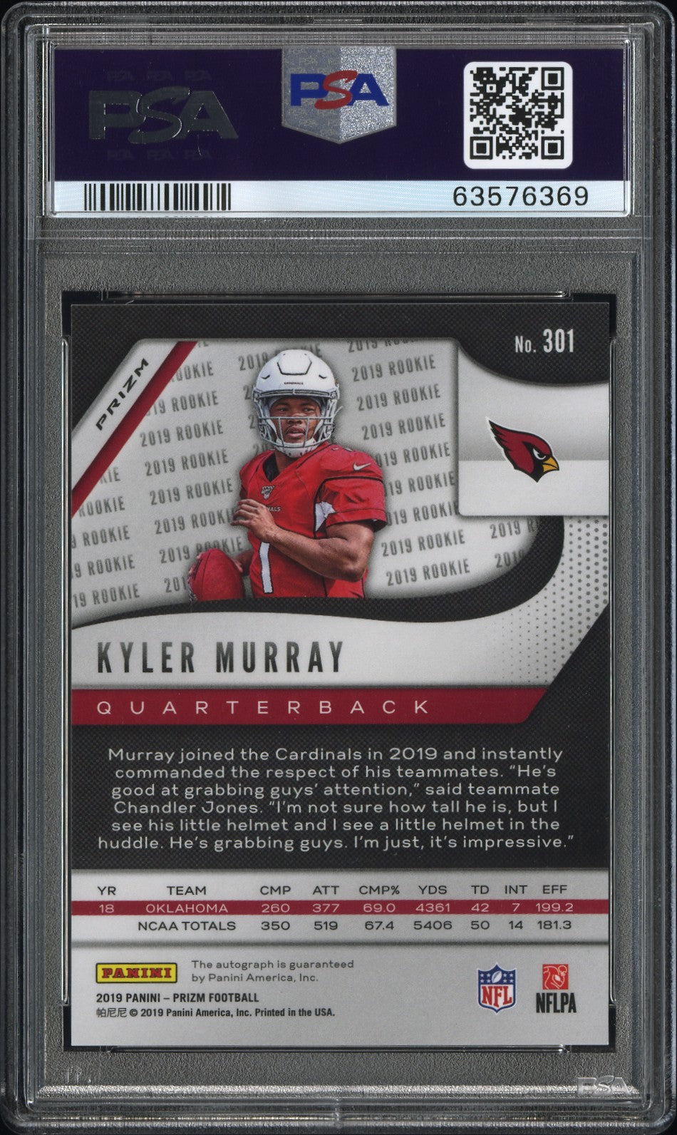 Kyler Murray 2019 Panini Prizm #301 Autograph Rookie PSA 9