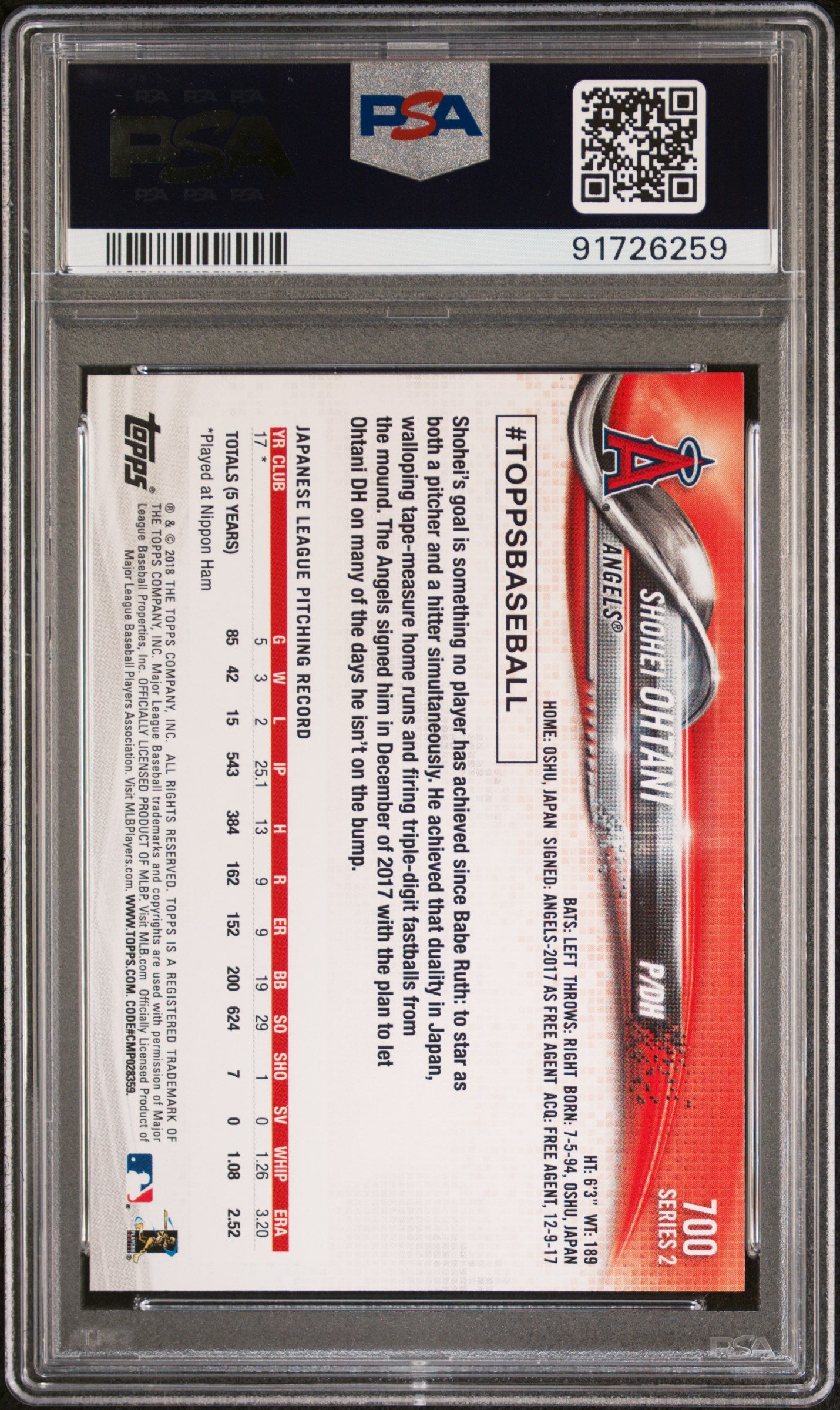 2018 Topps Chrome Pitching Shohei Ohtani #700 PSA 10 RC