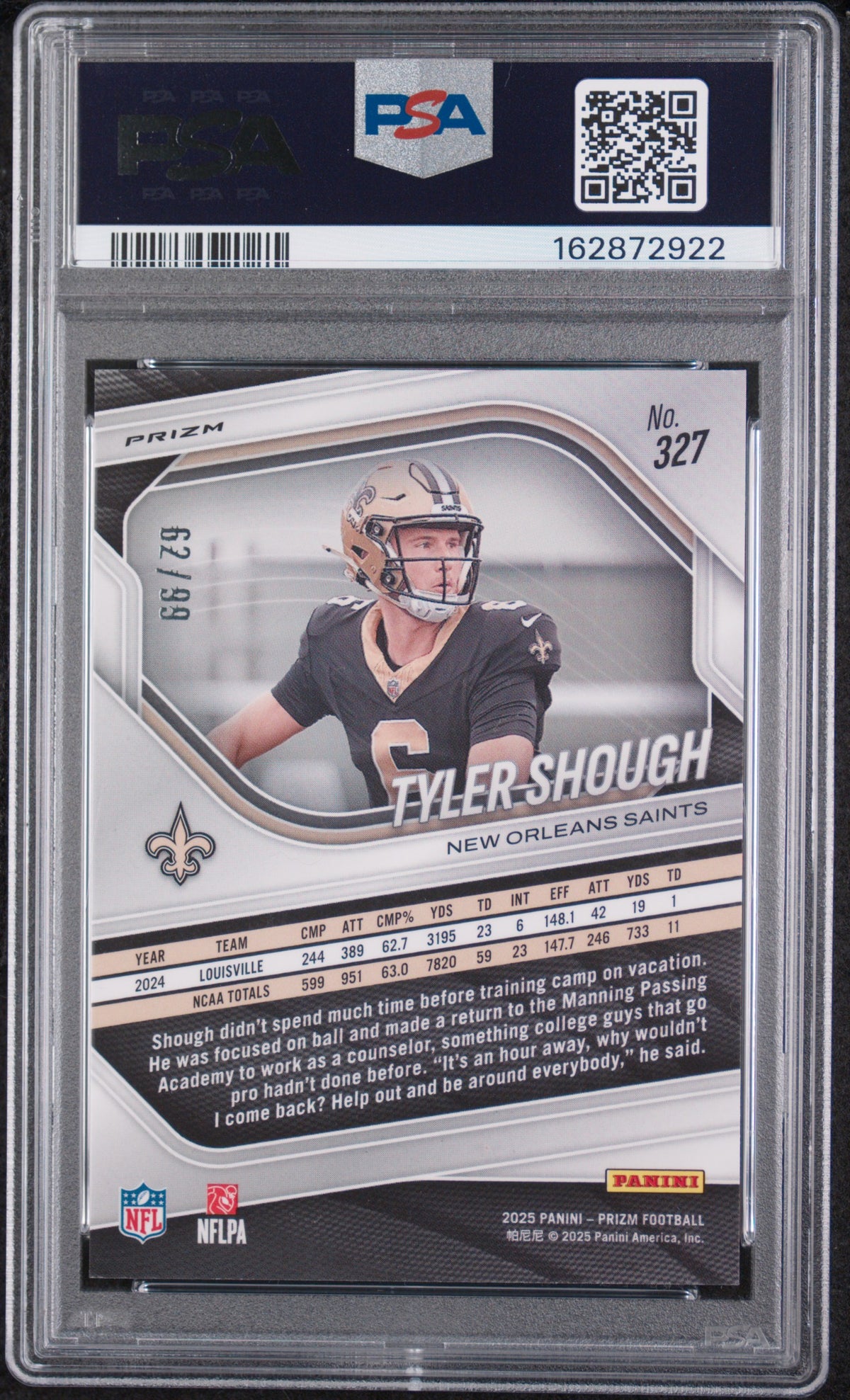 Tyler Shough 2025 Panini Prizm #327 Purple Wave /99 PSA 10