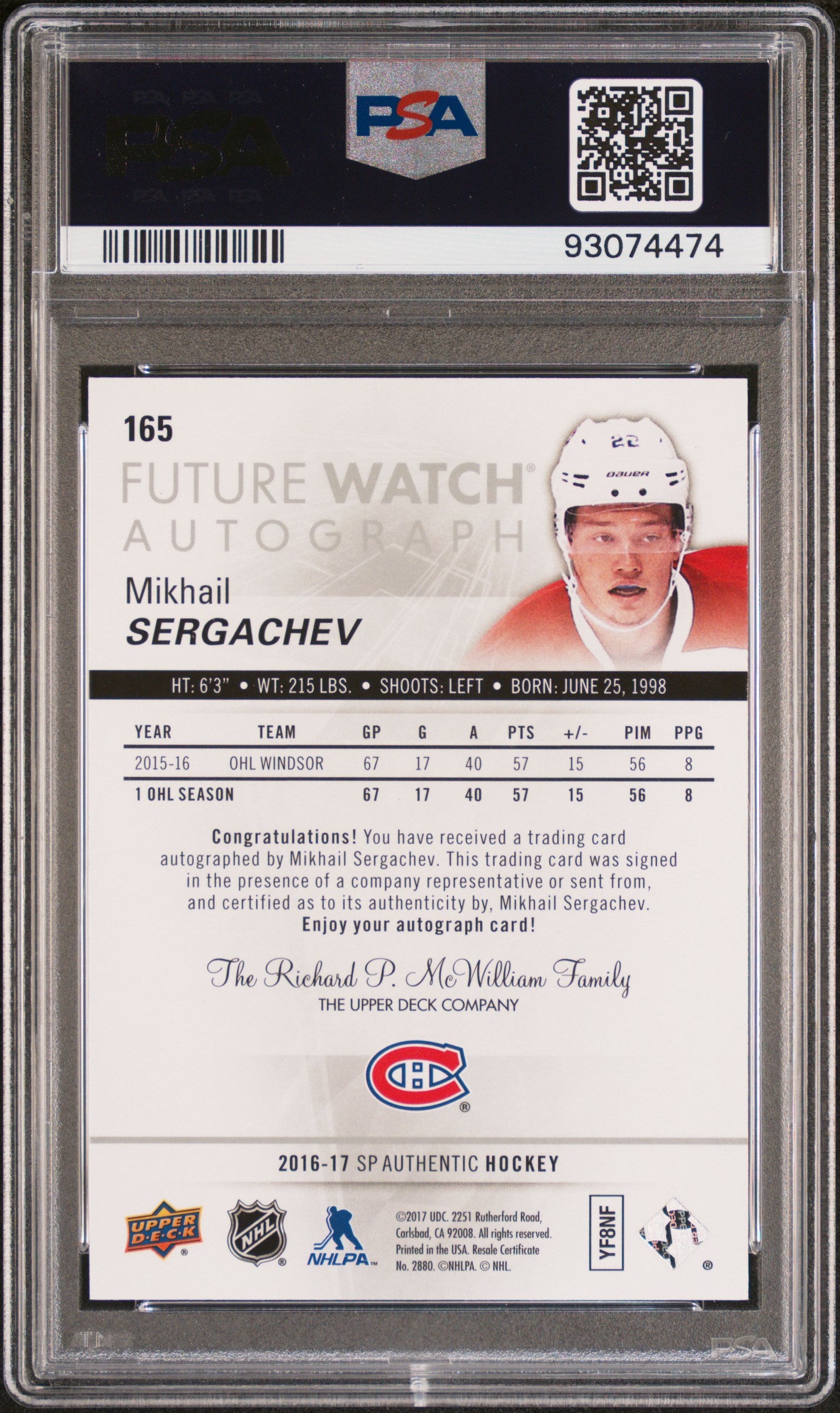 Mikhail Sergachev 2016 Upper Deck Authentic Future Watch Auto Inscribed PSA 10