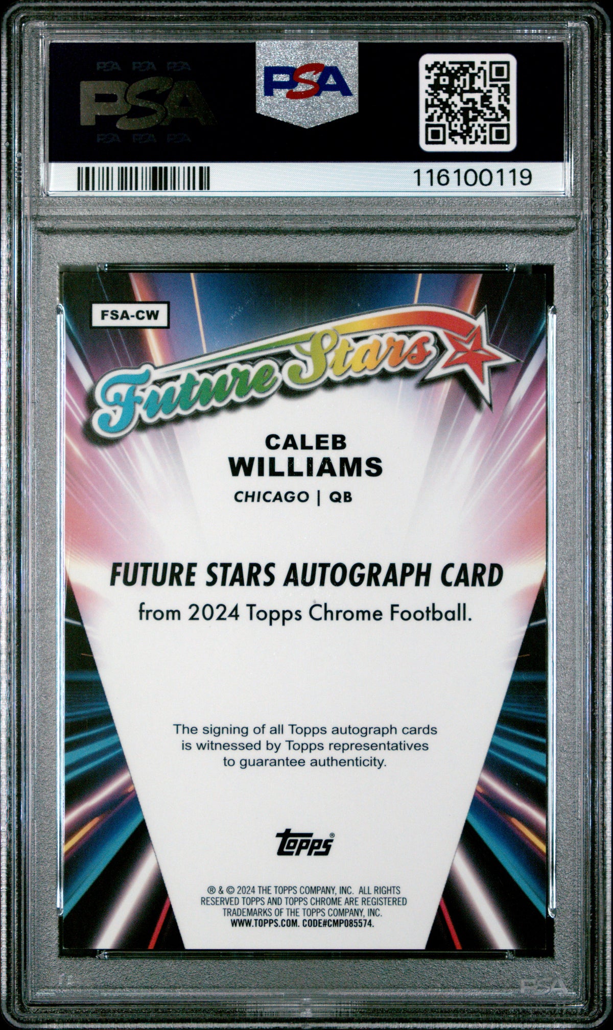 Caleb Williams 2024 Topps Chrome Future Stars Autos #FSACW Aqua Ref/199 PSA 9