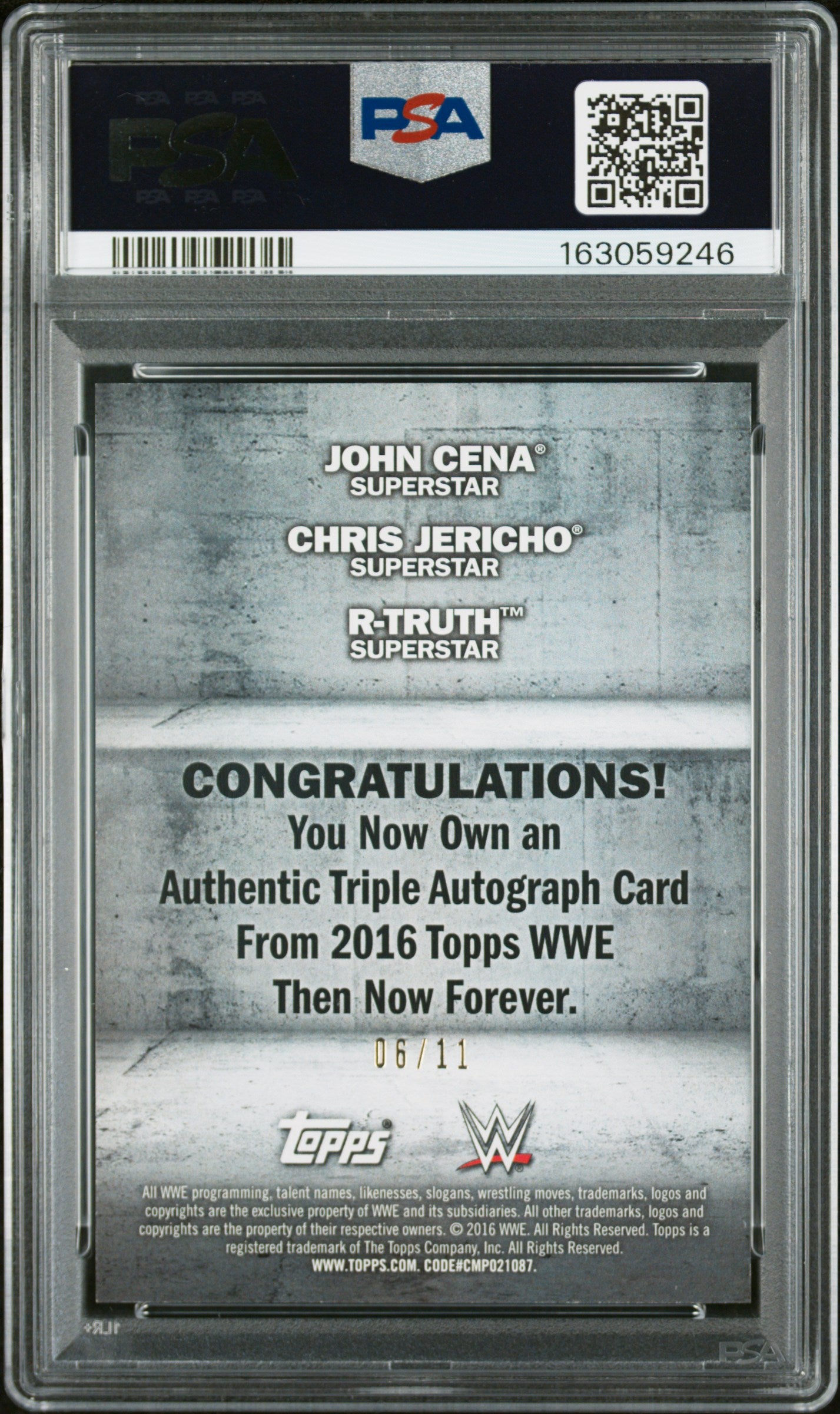 John Cena Chris Jericho R-Truth 2016 Topps Then Now Forever Triple Auto /11 PSA
