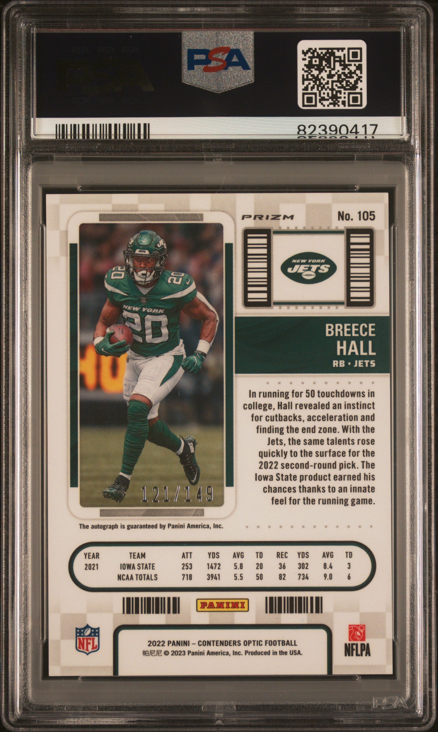 Breece Hall 2022 Panini Contenders Optic #105 Auto Red /149 RC PSA 10 Auto 10