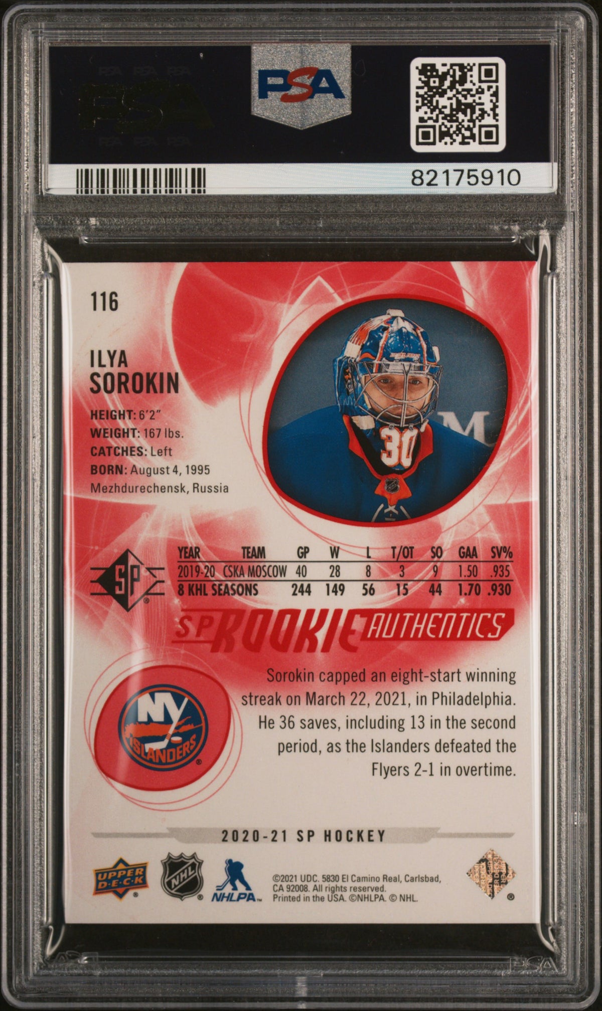Ilya Sorokin 2020-2021 SP #116 Red Rookie 269/799 PSA 10