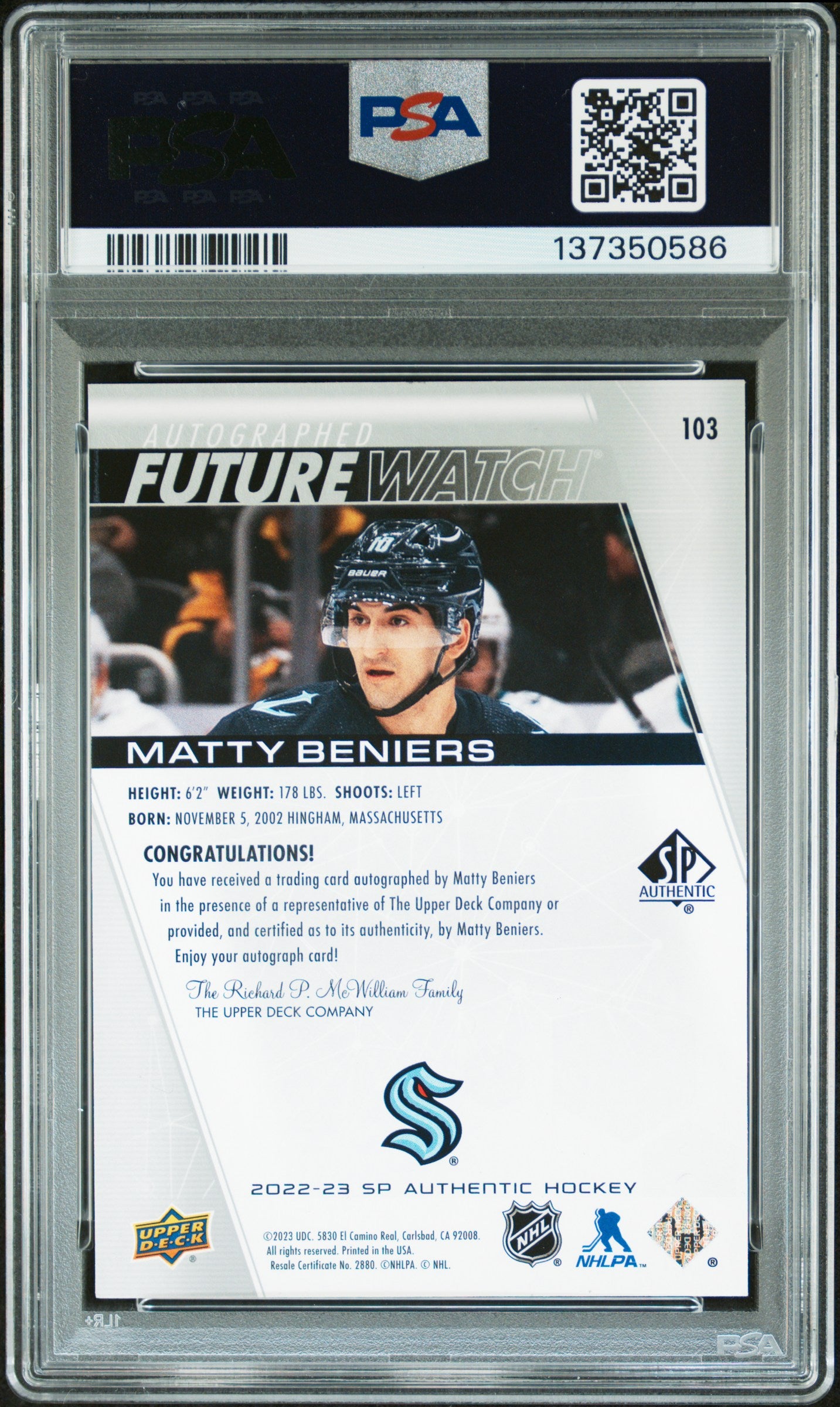 Matty Beniers 2022 Upper Deck SP Authentic #103 Future Watch Auto RC /999 PSA 8