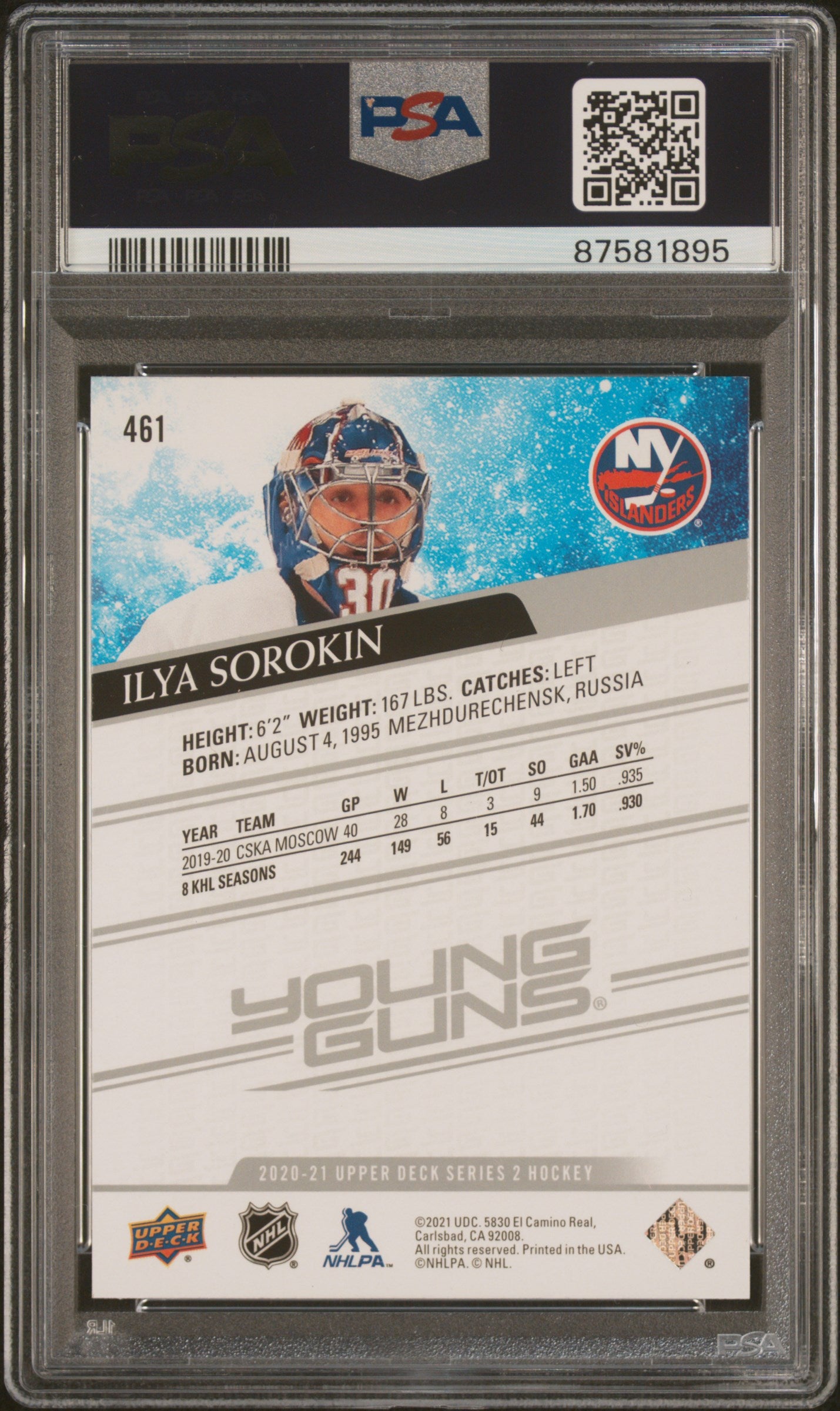 Ilya Sorokin 2020 Upper Deck #461 Young Guns Rookie PSA 10 Auto 9