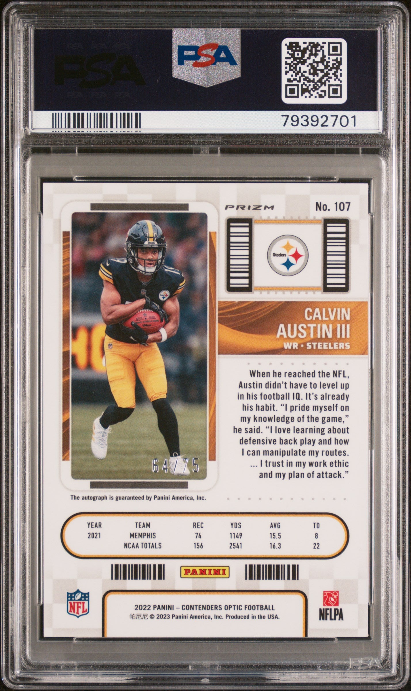 Calvin Austin III 2022 Panini Contenders Optic #107 Autograph Blue RC /75 PSA 8