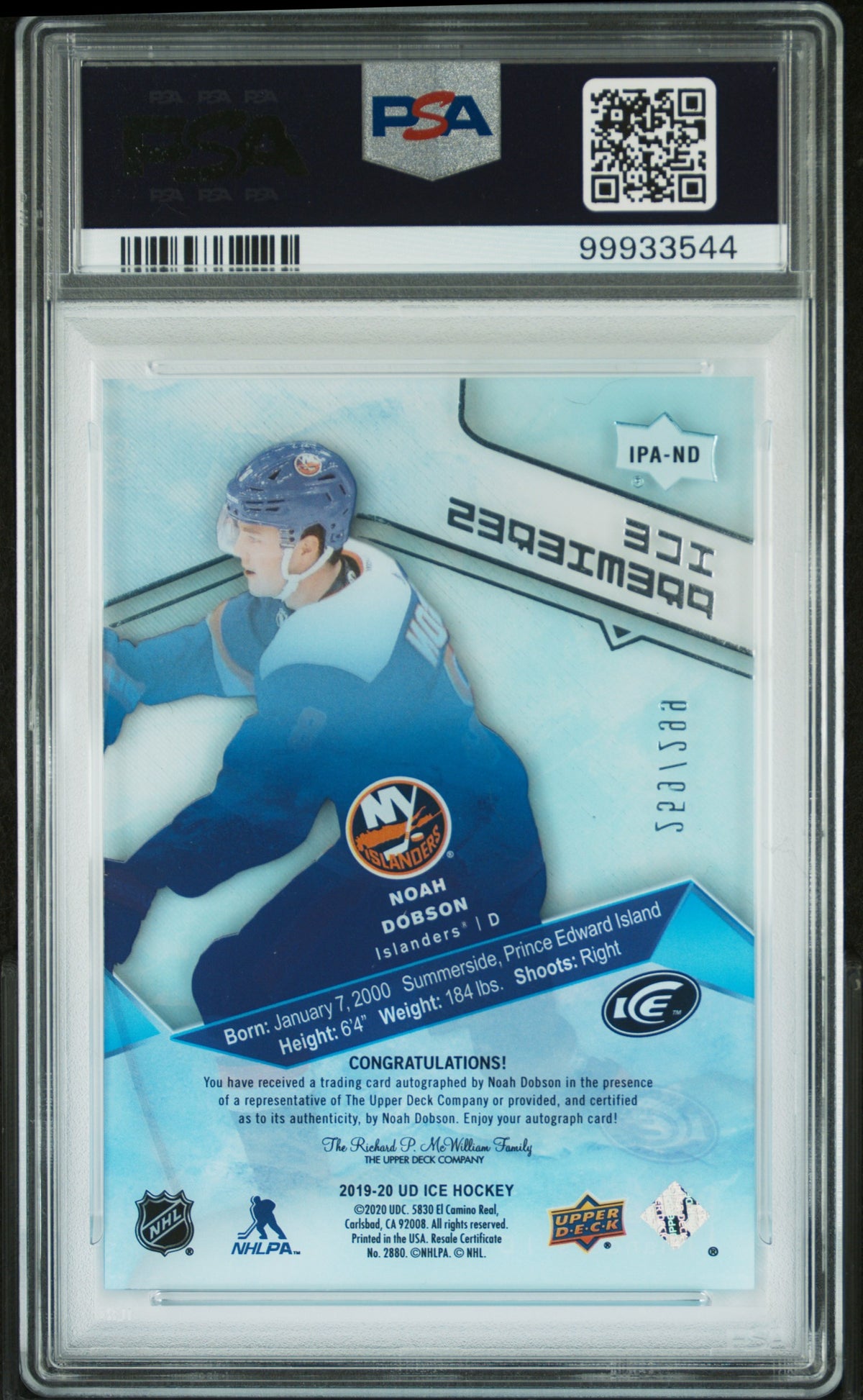 Noah Dobson 2019 Upper Deck Ice Premieres Autographs #ND /299 PSA 8