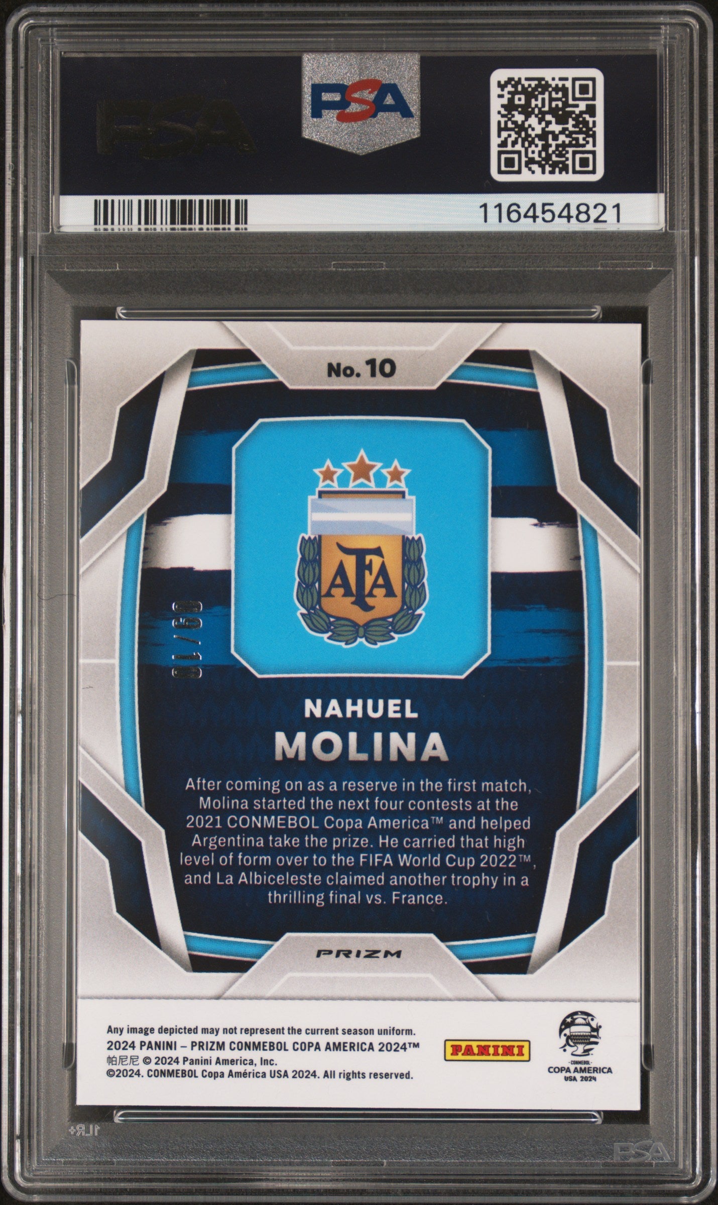 Nahuel Molina 2024 Panini Prizm Conmebol Copa America Gold Pulsar 9/10 PSA 10
