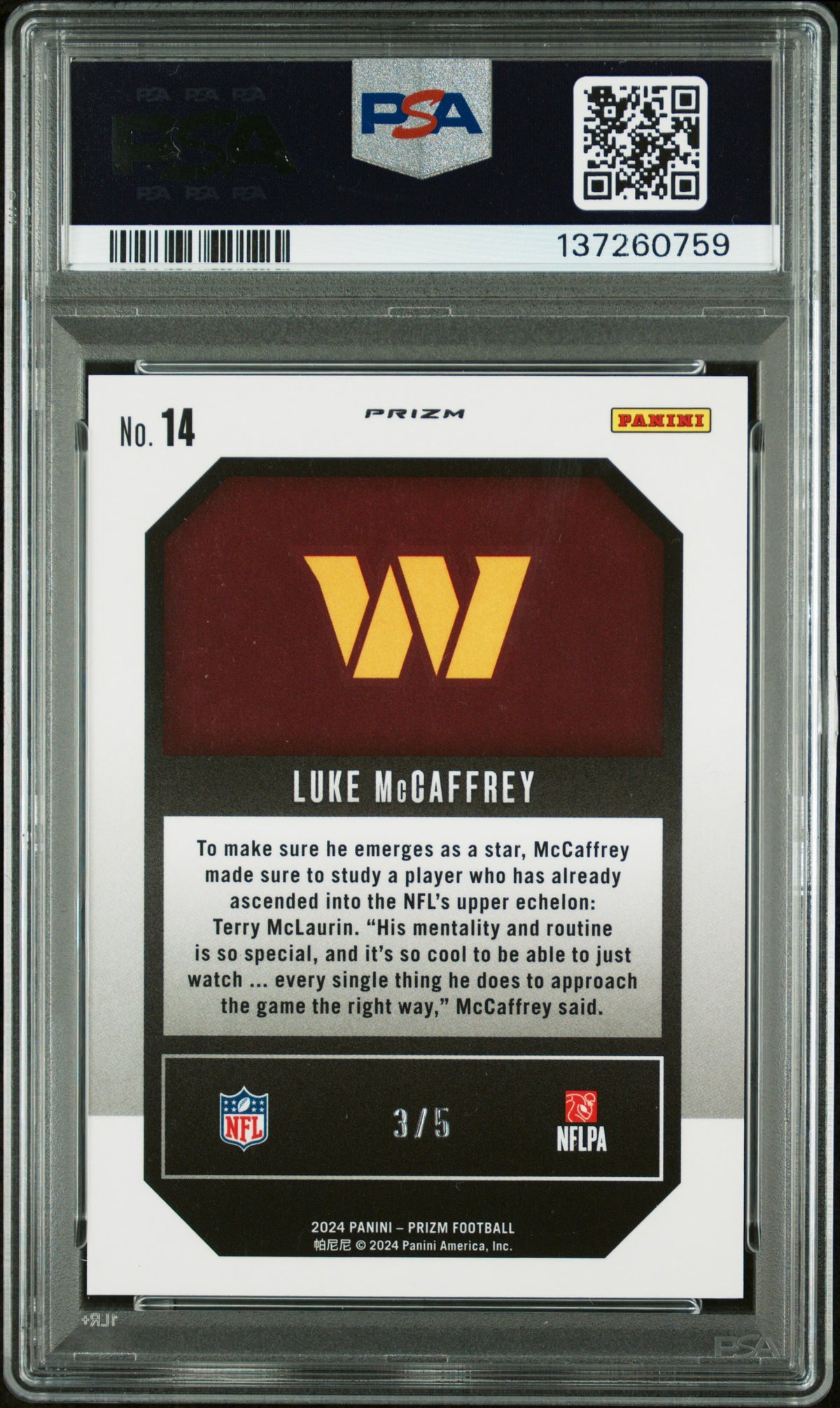 Luke Mccaffrey 2024 Panini Prizm Emergent #14 Gold Vinyl 3/5 Rookie PSA 10