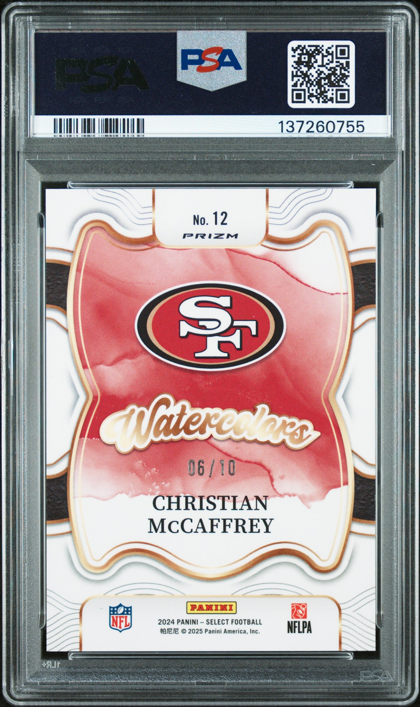 Christian Mccaffrey 2024 Panini Select Watercolors #12 Gold Prizm /10 PSA 9