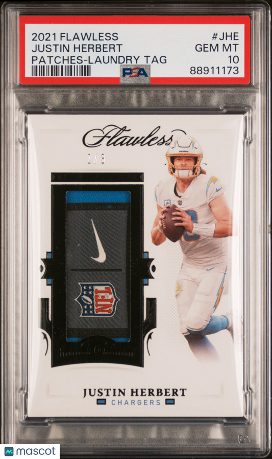 Justin Herbert 2021 Panini Flawless Patches #JHE Laundry TAG 2 / 3 PSA 10