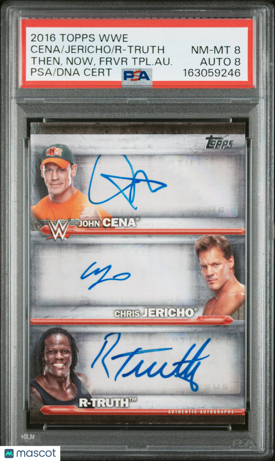 John Cena Chris Jericho R-Truth 2016 Topps Then Now Forever Triple Auto /11 PSA