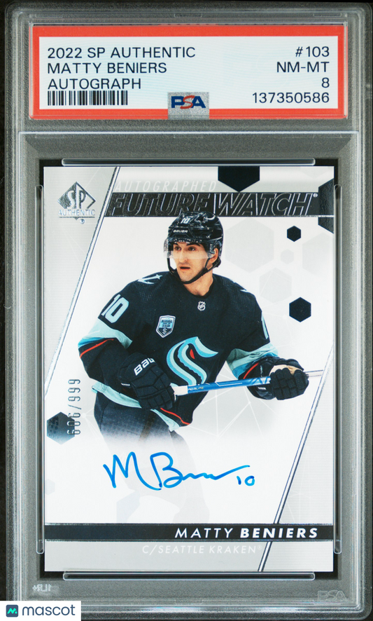Matty Beniers 2022 Upper Deck SP Authentic #103 Future Watch Auto RC /999 PSA 8