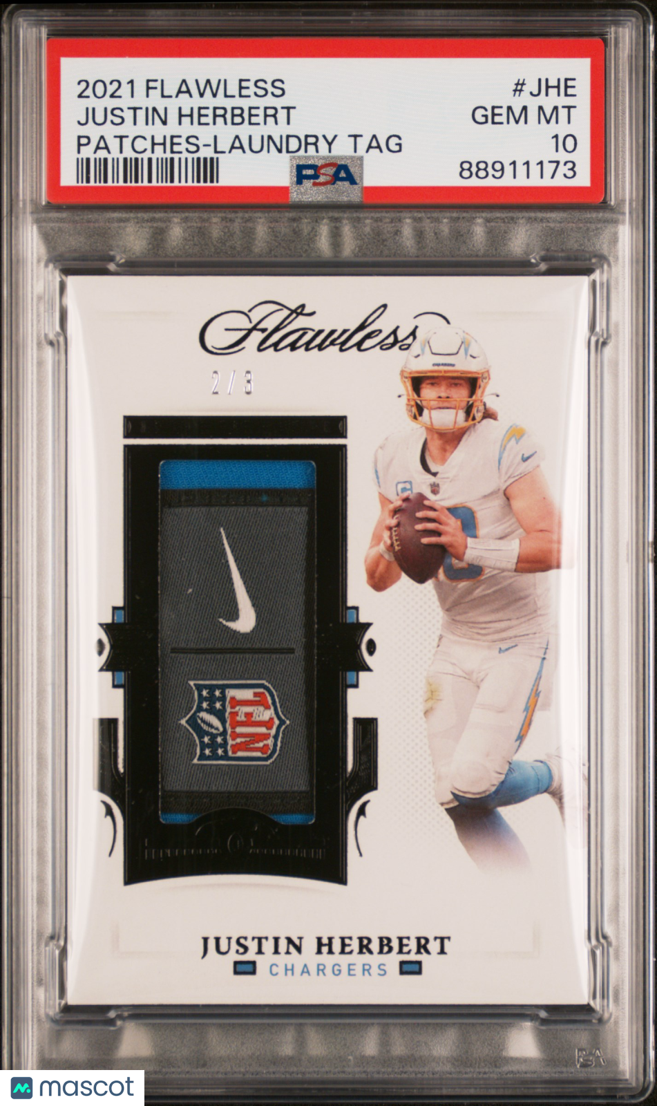 Justin Herbert 2021 Panini Flawless Patches #JHE Laundry TAG 2 / 3 PSA 10