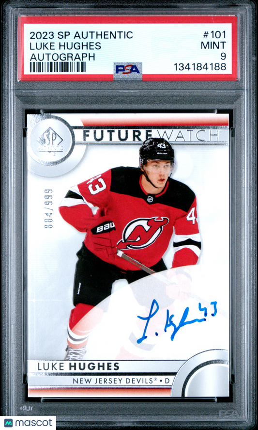 Luke Hughes 2023-24 Upper Deck SP Authentic #101 Future Watch Auto RC /999 PSA 9