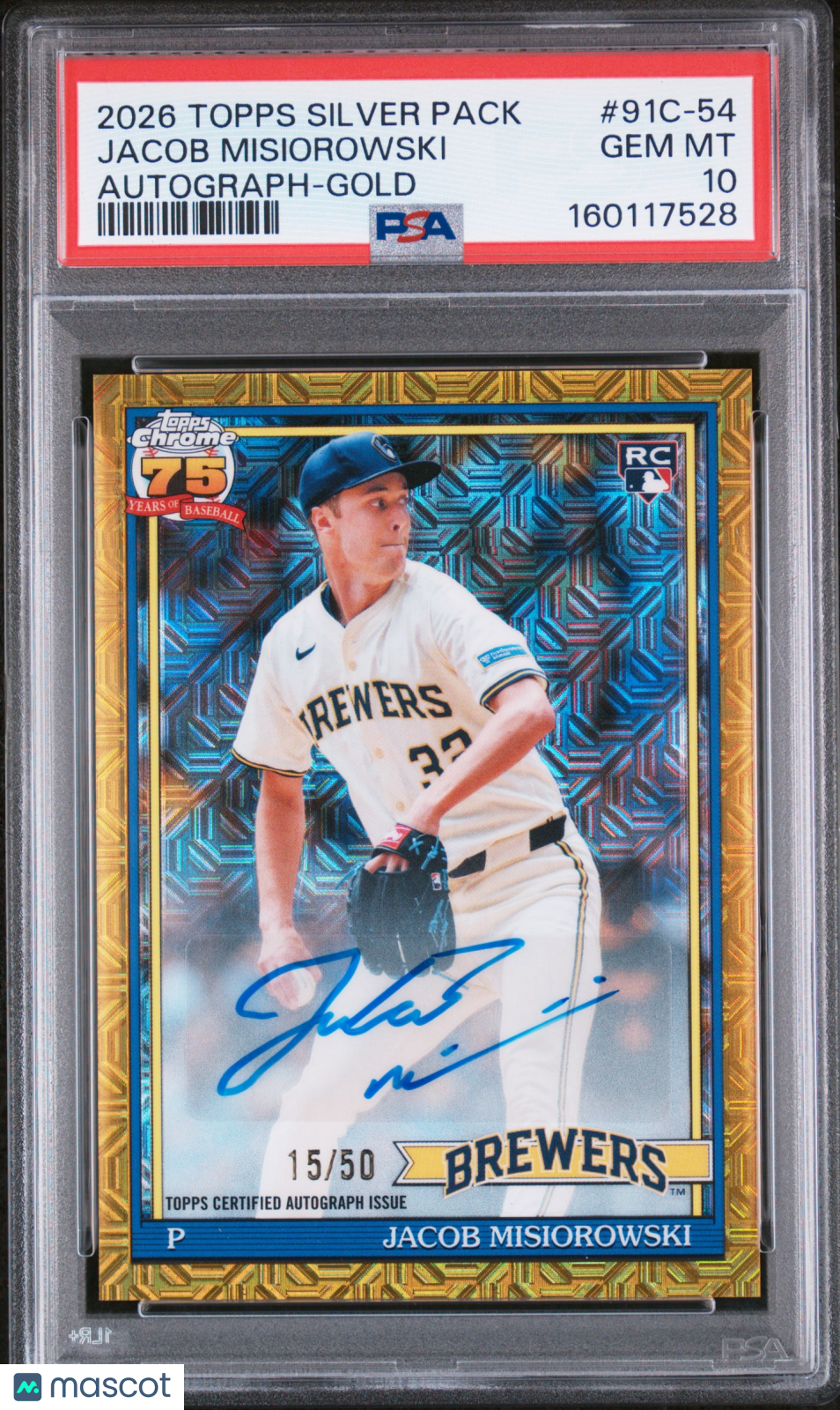 Jacob Misiorowski 2026 Topps Silver Pack 1991 Chrome Promo Auto Gold /50 PSA 10