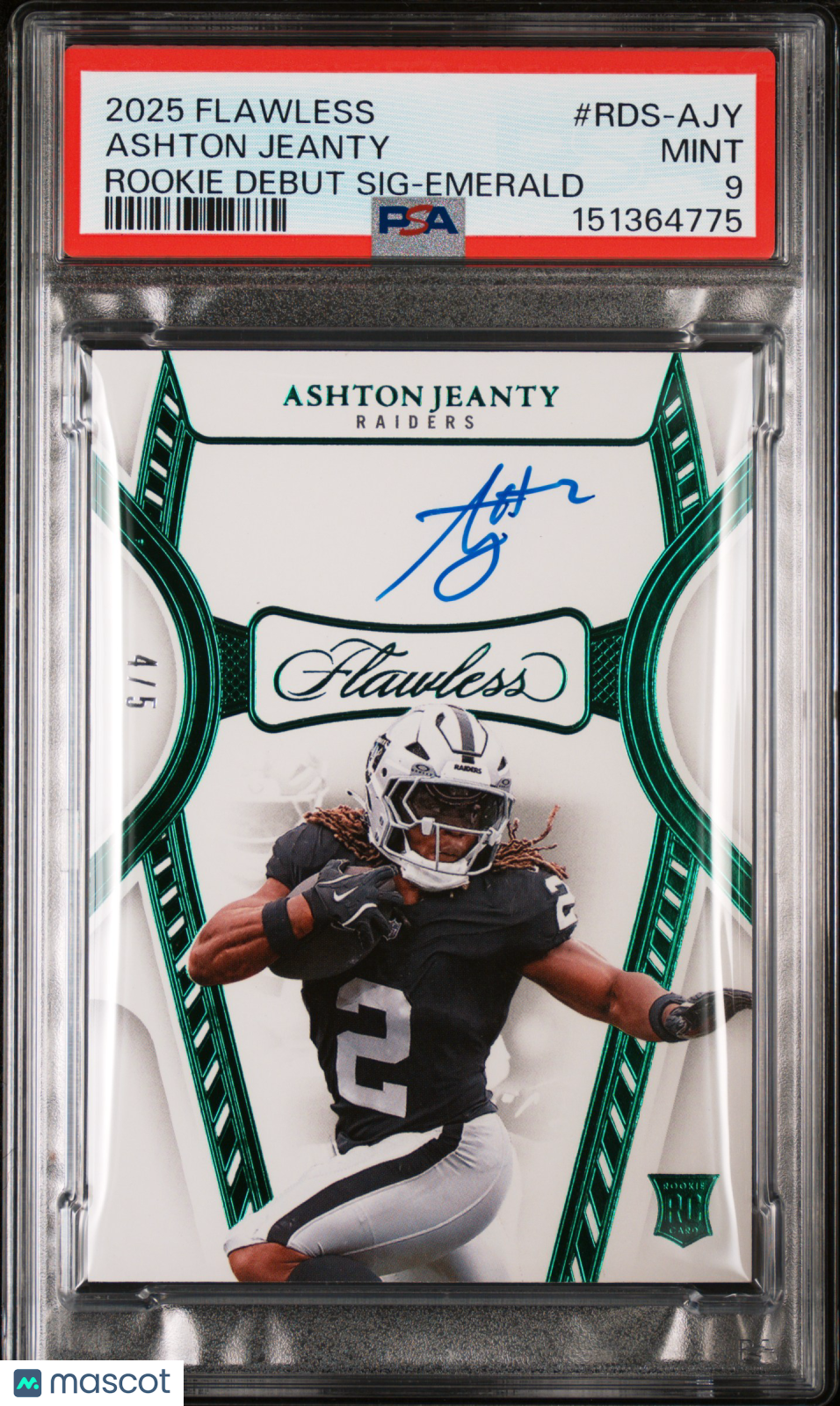 Ashton Jeanty 2025 Panini Flawless Rookie Debut Signatures Emerald 4/5 PSA 9