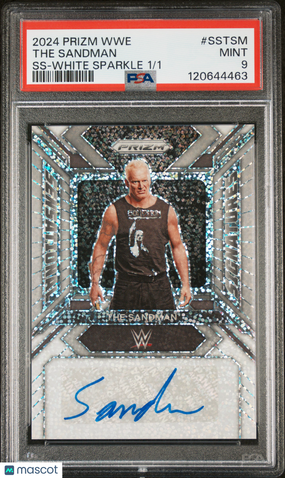 The Sandman 2024 Panini Prizm WWE Sensational Signatures White Sparkle 1/1 PSA 9