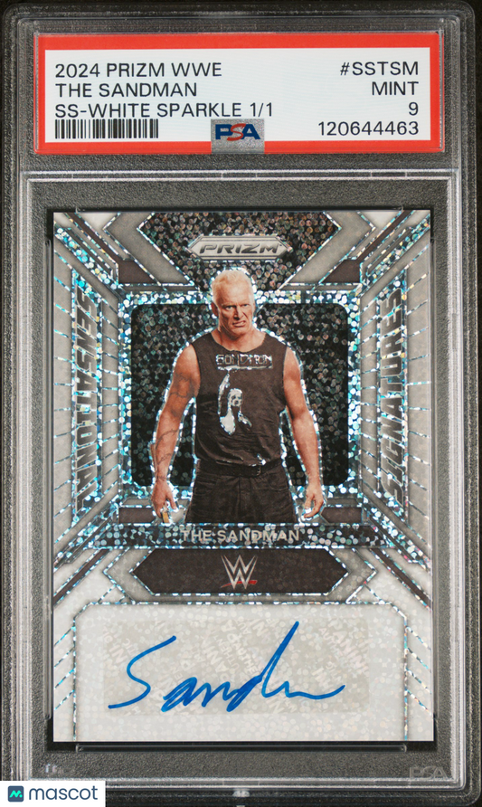 The Sandman 2024 Panini Prizm WWE Sensational Signatures White Sparkle 1/1 PSA 9