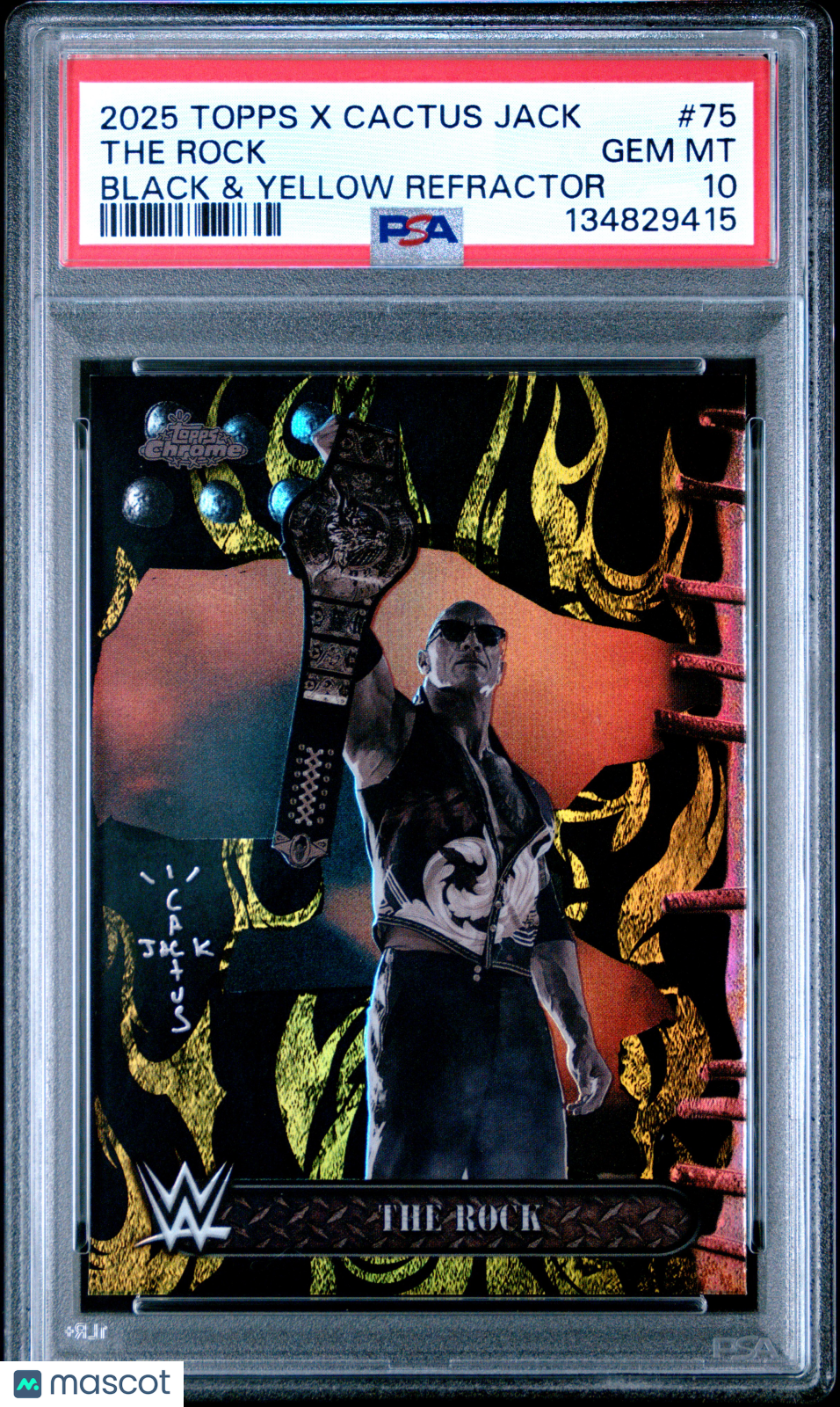 The Rock 2025 Topps Chrome WWE X Cactus Jack #75 Black & Yellow Refractor PSA 10