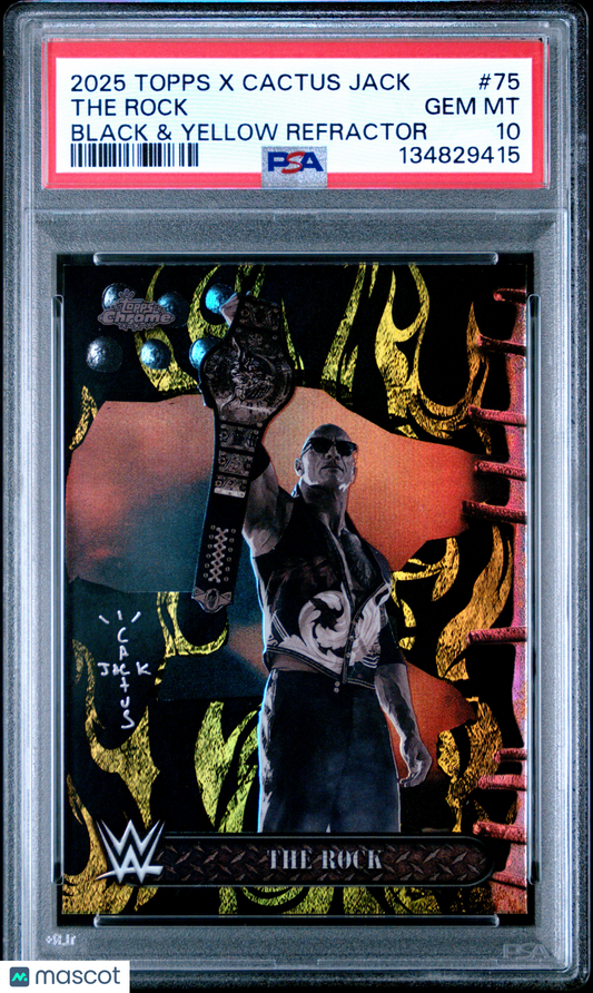 The Rock 2025 Topps Chrome WWE X Cactus Jack #75 Black & Yellow Refractor PSA 10