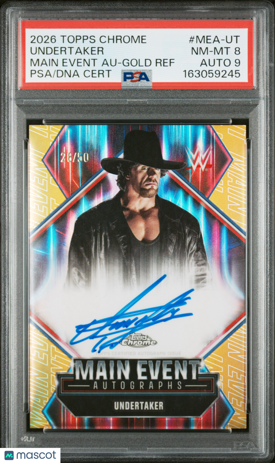 Undertaker 2026 Topps Chrome WWE Main Event Autographs Gold Ref 28/50 PSA 8 Auto