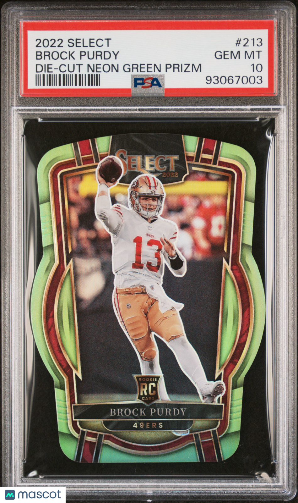 Brock Purdy 2022 Panini Select #213 Die Cut Neon Green Prizm Rookie /299 PSA 10