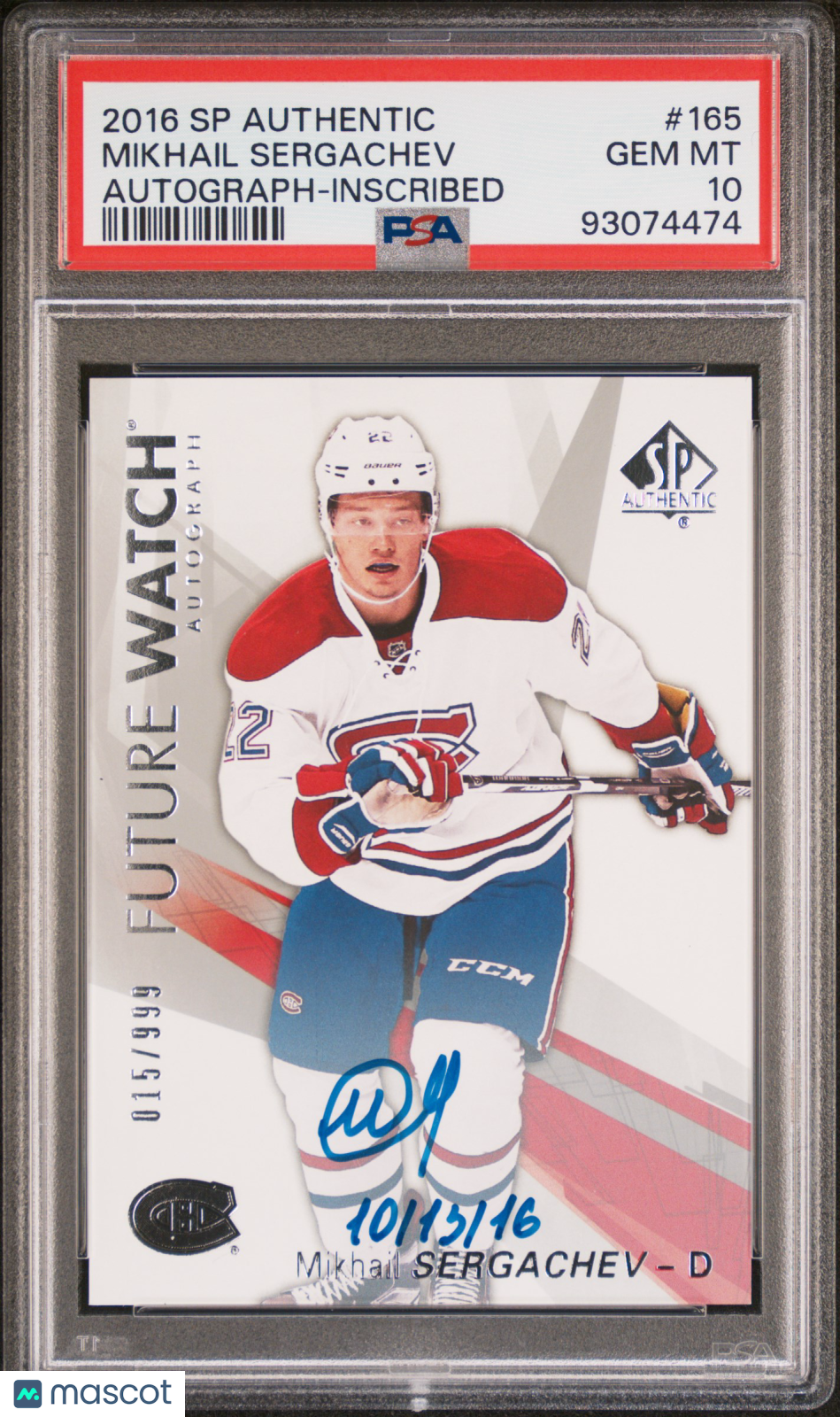 Mikhail Sergachev 2016 Upper Deck Authentic Future Watch Auto Inscribed PSA 10