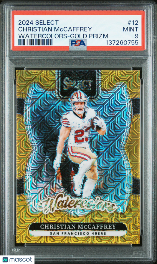 Christian Mccaffrey 2024 Panini Select Watercolors #12 Gold Prizm /10 PSA 9