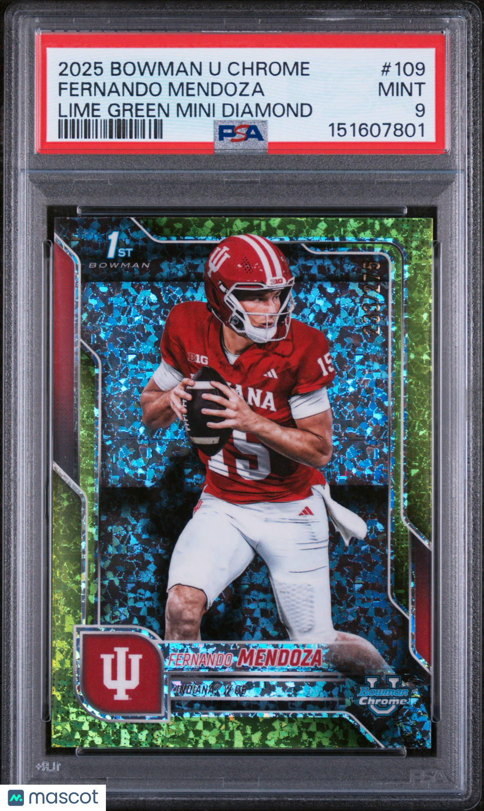 Fernando Mendoza 2025 Bowman University Chrome Lime Green Mini Dmnd /275 PSA 9