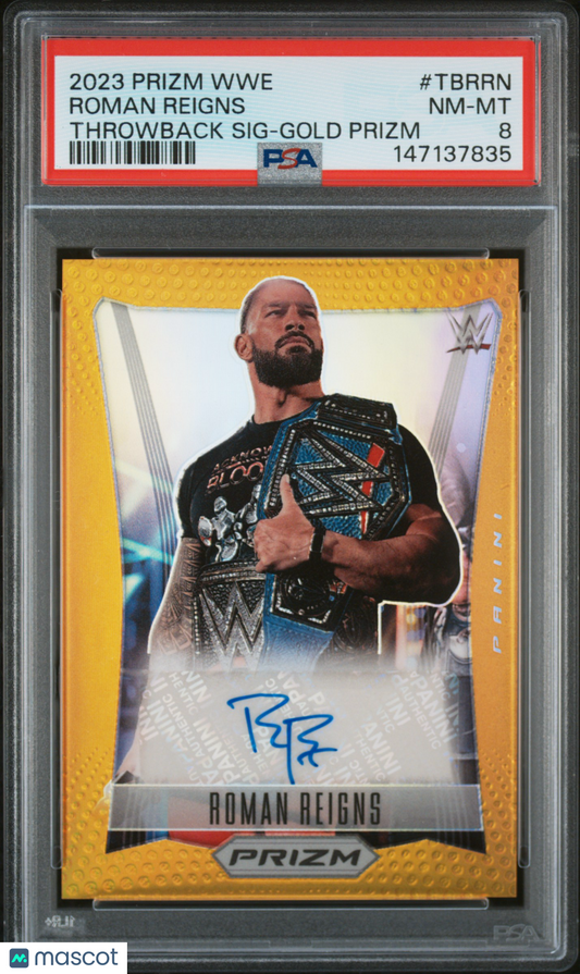 Roman Reigns 2023 Panini Prizm WWE Throwback Signatures #TBRRN Gold /10 PSA 8