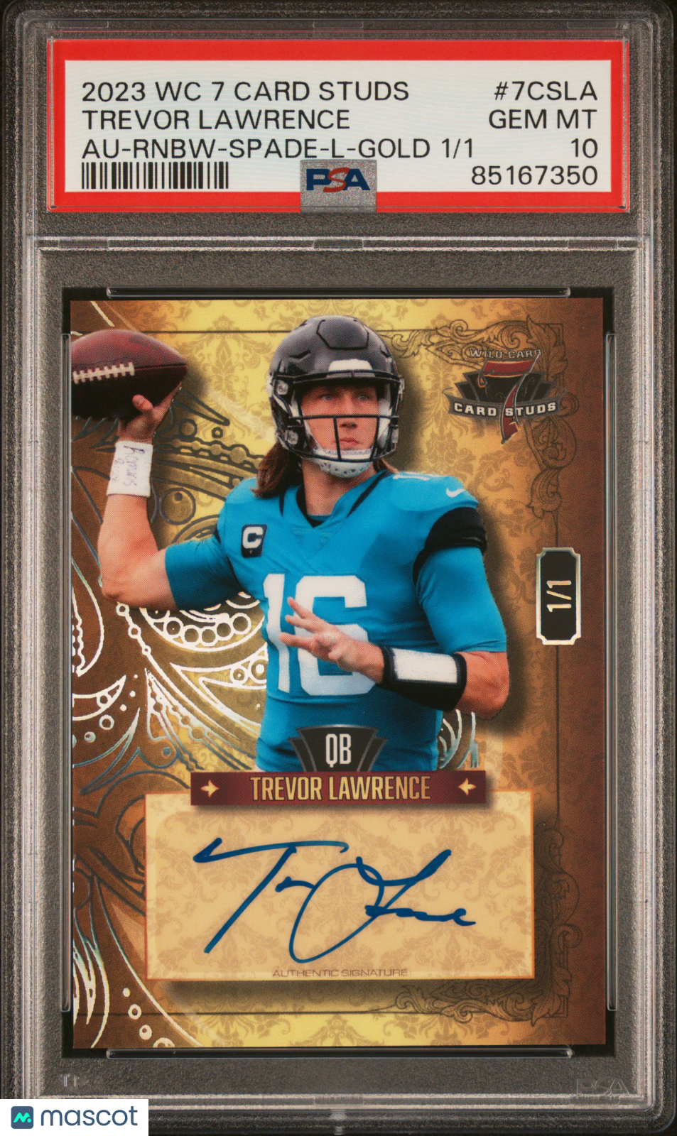 Trevor Lawrence 2023 Wild Card 7 Card Studs Auto  Rnbw Spade Gold 1/1 PSA 10