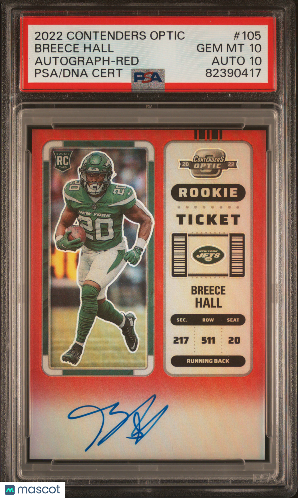 Breece Hall 2022 Panini Contenders Optic #105 Auto Red /149 RC PSA 10 Auto 10
