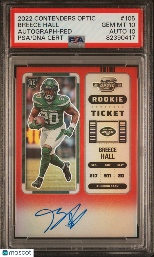 Breece Hall 2022 Panini Contenders Optic #105 Auto Red /149 RC PSA 10 Auto 10