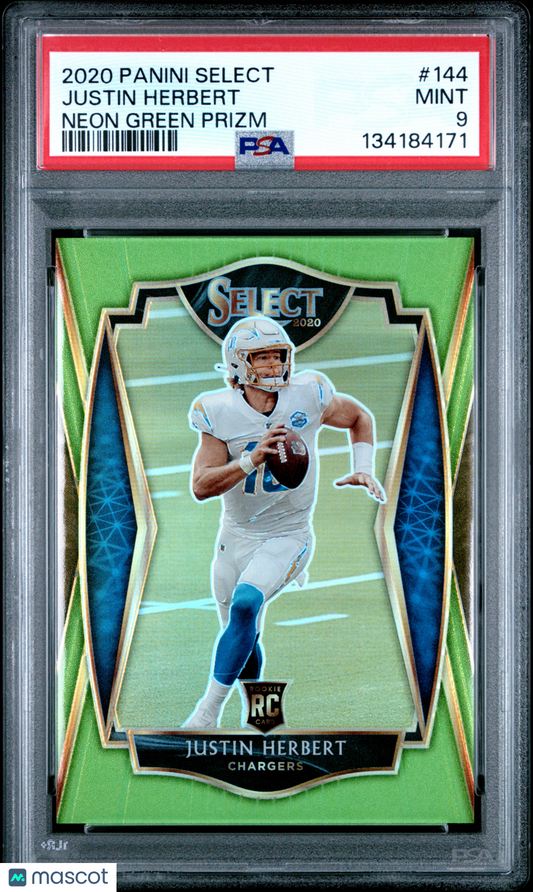 Justin Herbert 2020 Panini Select #144 Neon Green Prizm 32/49 Rookie PSA 9