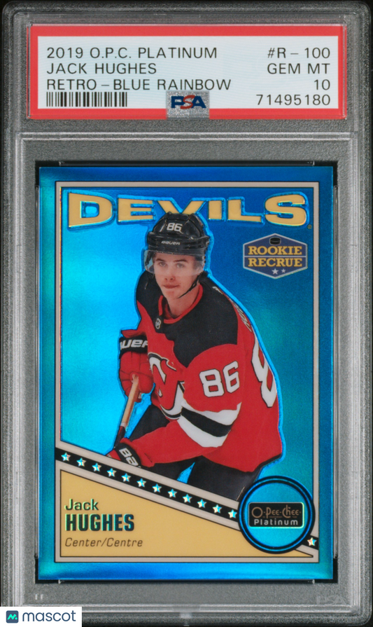 Jack Hughes 2019 O-Pee-Chee Platinum Retro Blue Rainbow / 199 PSA 10 RC POP 16