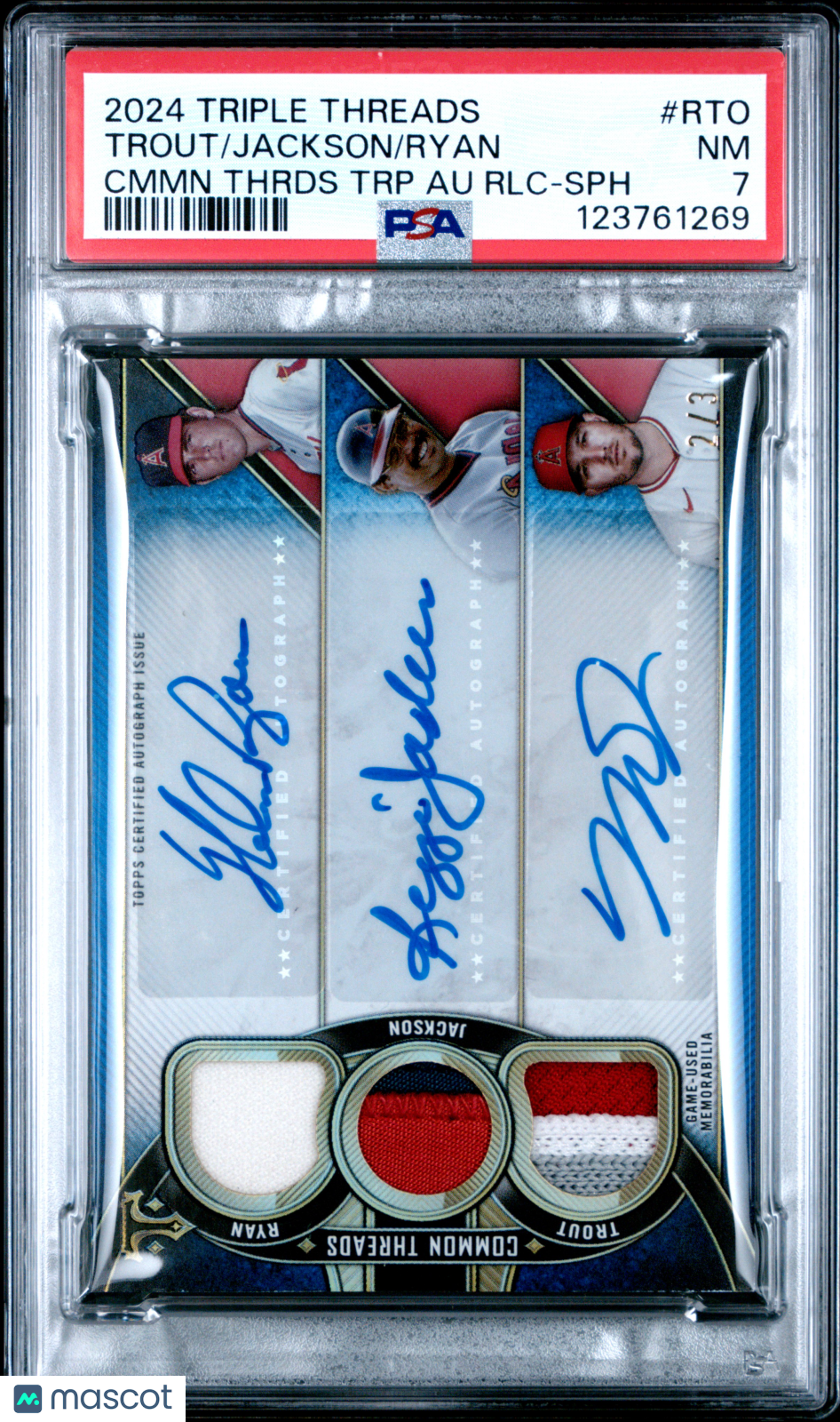 Mike Trout Nolan Ryan Reggie Jackson 2024 Topps Triple Threads Auto Mem /3 PSA 7