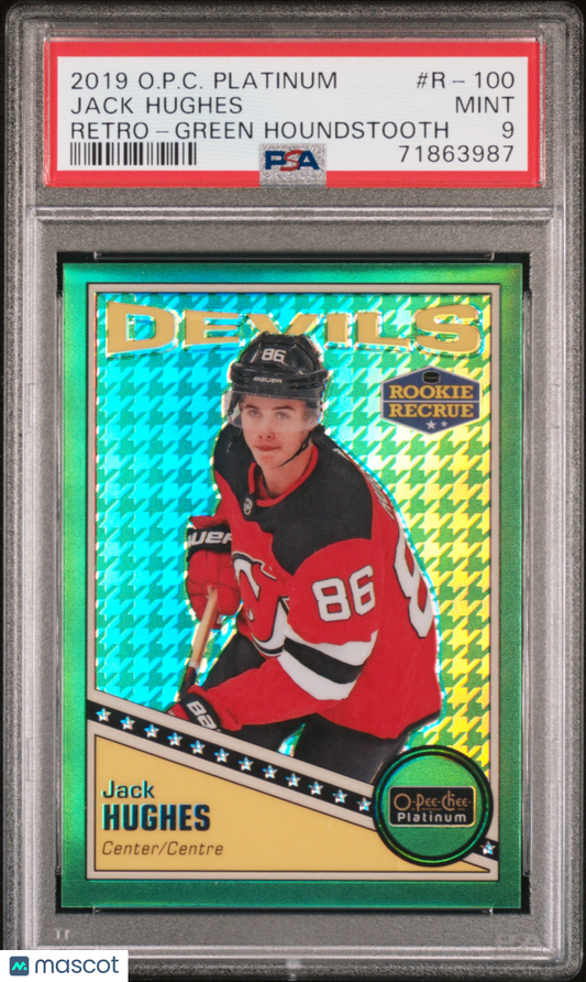 Jack Hughes 2019 O-Pee-Chee Platinum Retro - Green Houndstooth Rookie /15 PSA 9